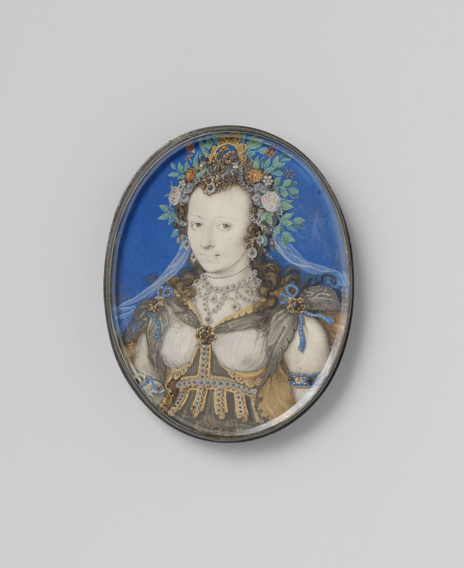 Portret van een vrouw in maskeradekleding als Flora by Isaac Oliver