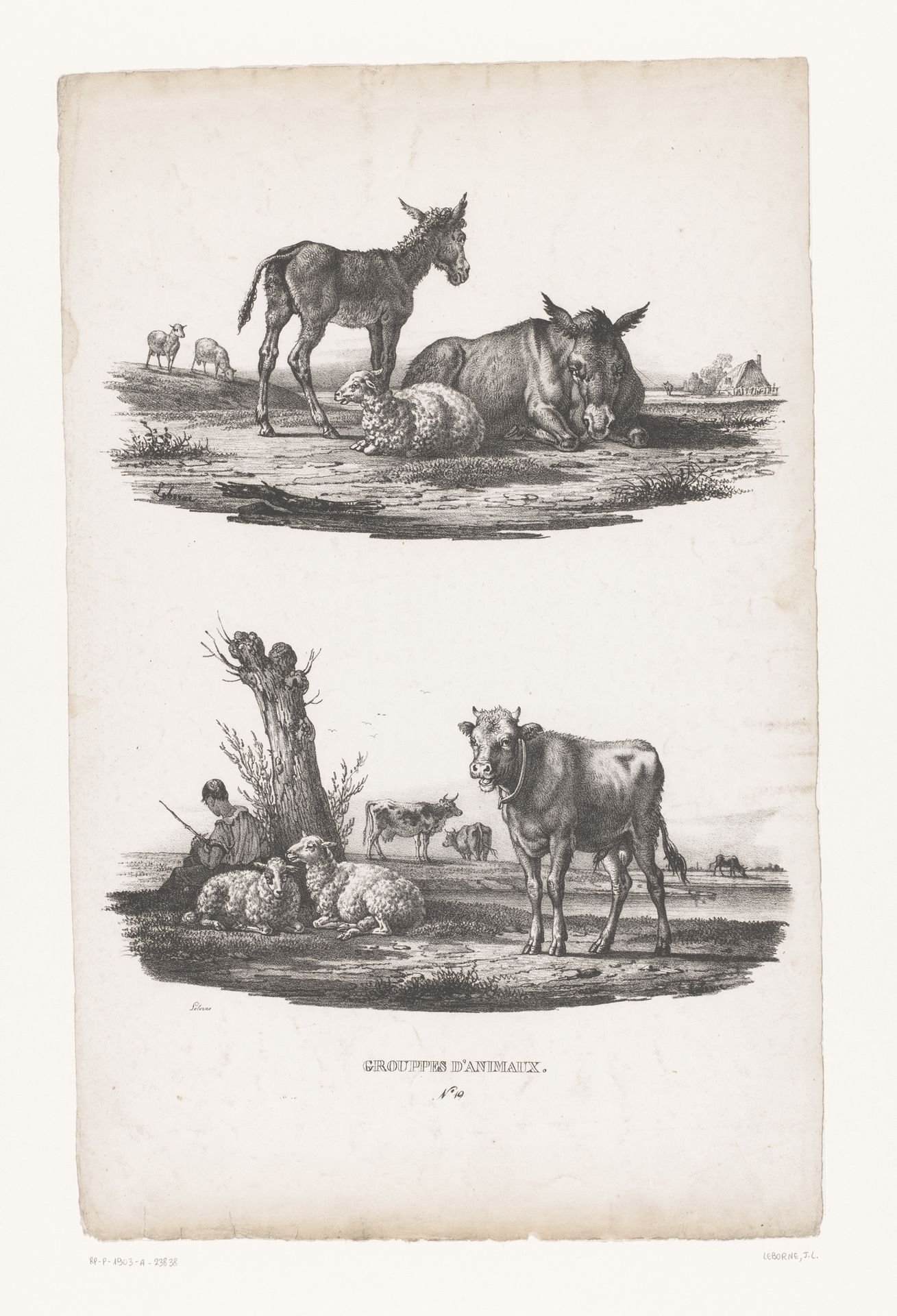 Ezel met ezelsveulen en herder met schapen en runderen by Joseph Louis Leborne