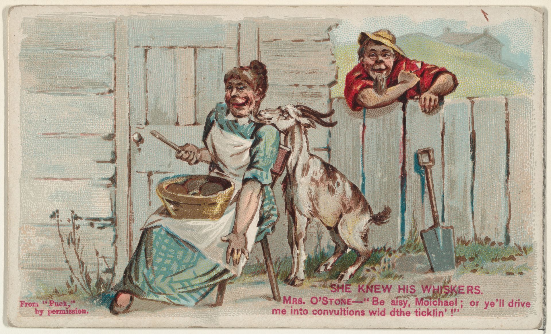 She Knew His Whiskers, from the Snapshots from "Puck" series (N128) issued by Duke Sons & Co. to promote Honest Long Cut Tobacco by W. Duke, Sons & Co.