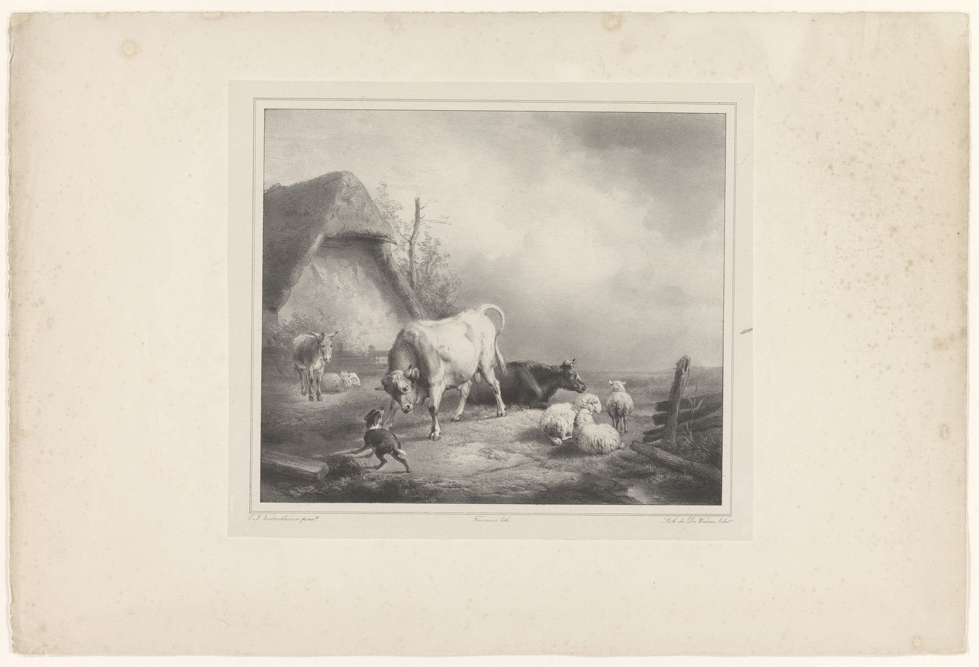 Vee in een weide bij een schuur by Théodore Fourmois