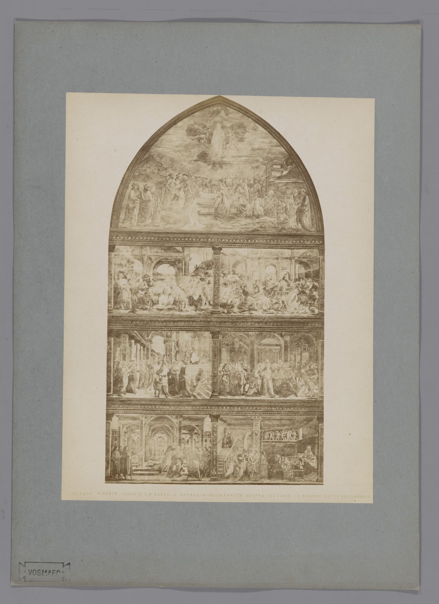 Fotoreproductie van een fresco met scènes uit de levens van Johannes de Doper en Maria naar Domenico Ghirlandaio in de Santa Maria Novella te Florence, Italië by Fratelli Alinari