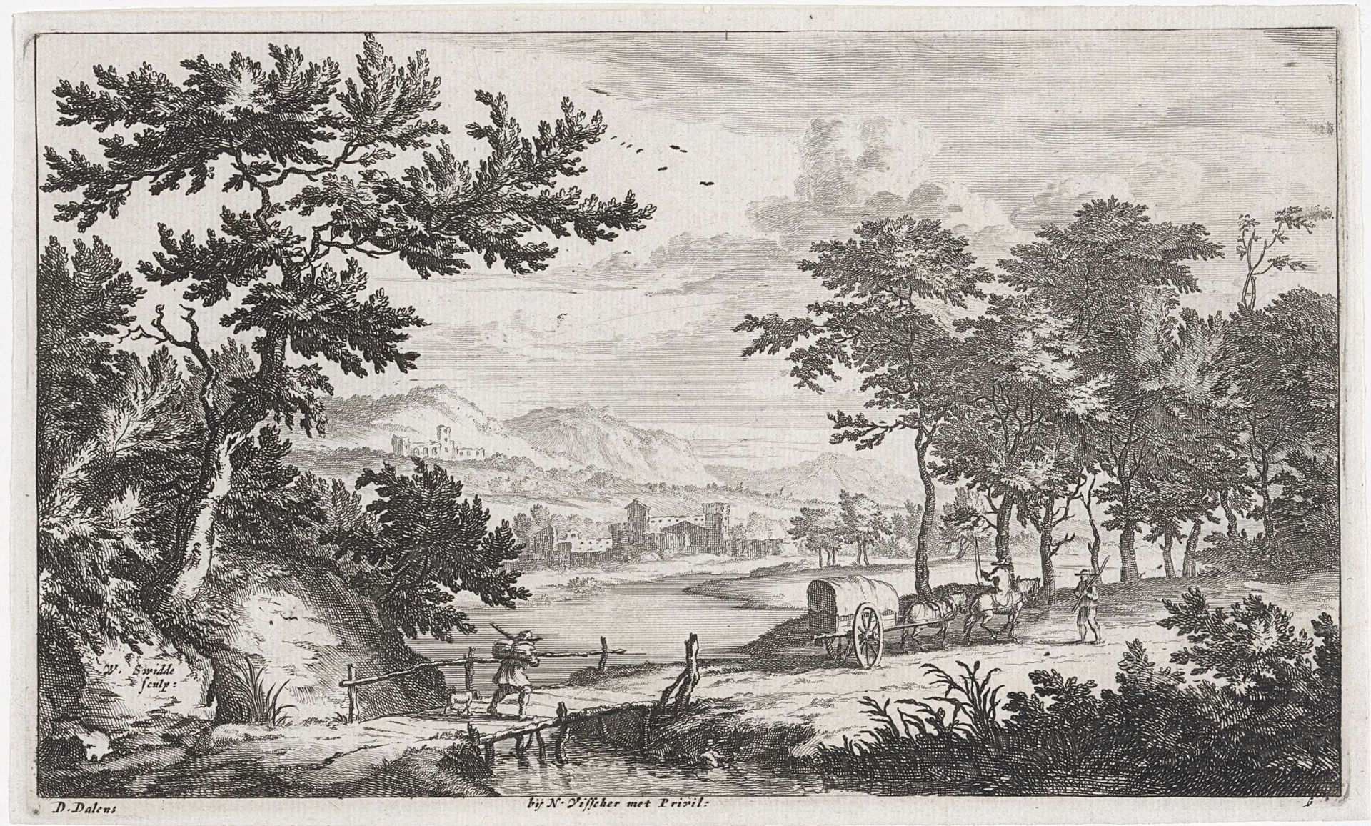 Landschap met lage houten brug by Willem Swidde