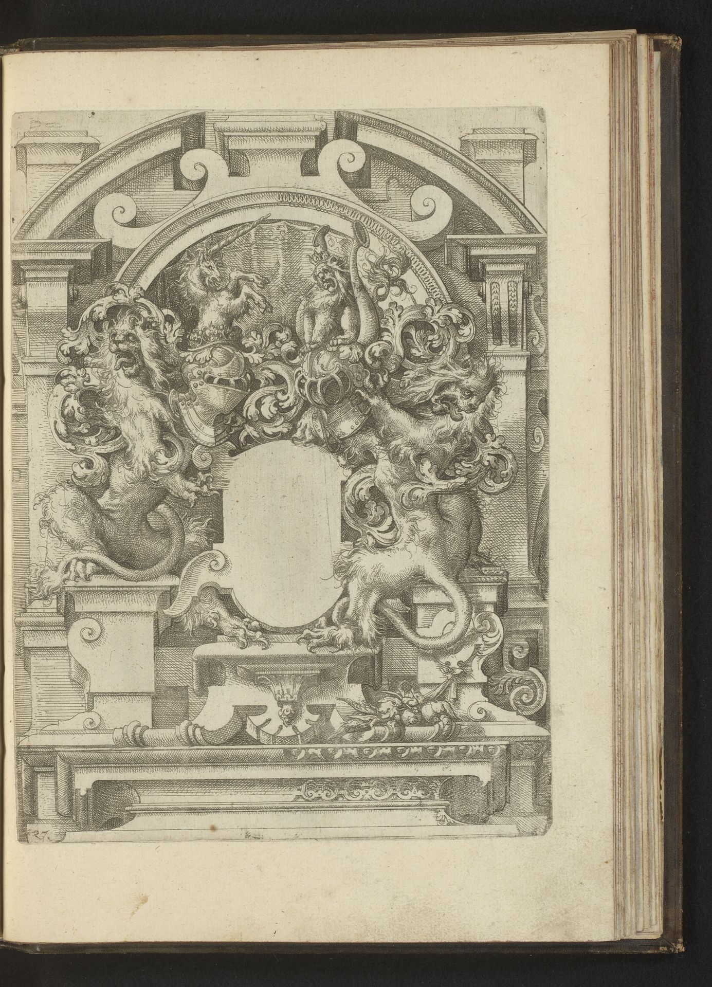 Cartouche op een sokkel geflankeerd door leeuwen en een eenhoorn by Wendel (I) Dietterlin