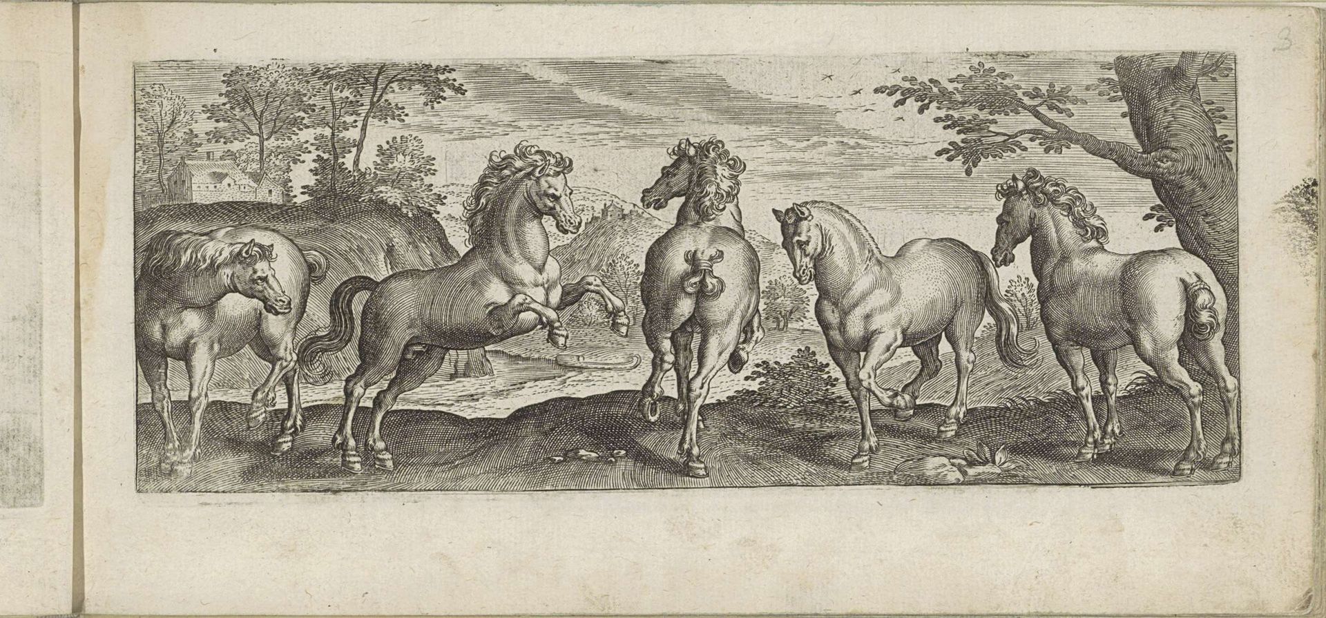 Vijf paarden in een landschap met rivier by Marcus (I) Gheeraerts
