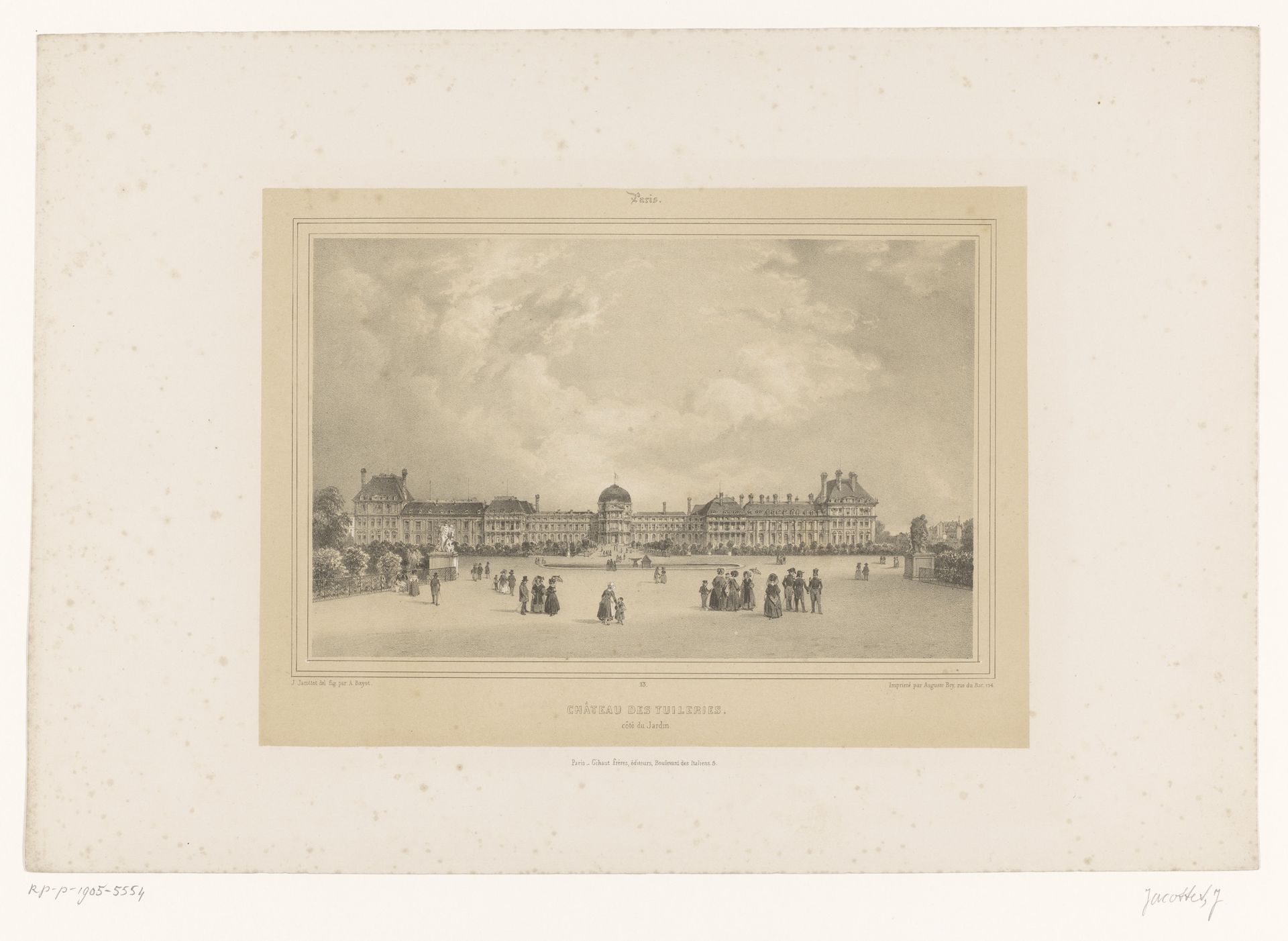 Zicht op het Tuilerieënpaleis vanuit de tuin by Louis-Julien Jacottet