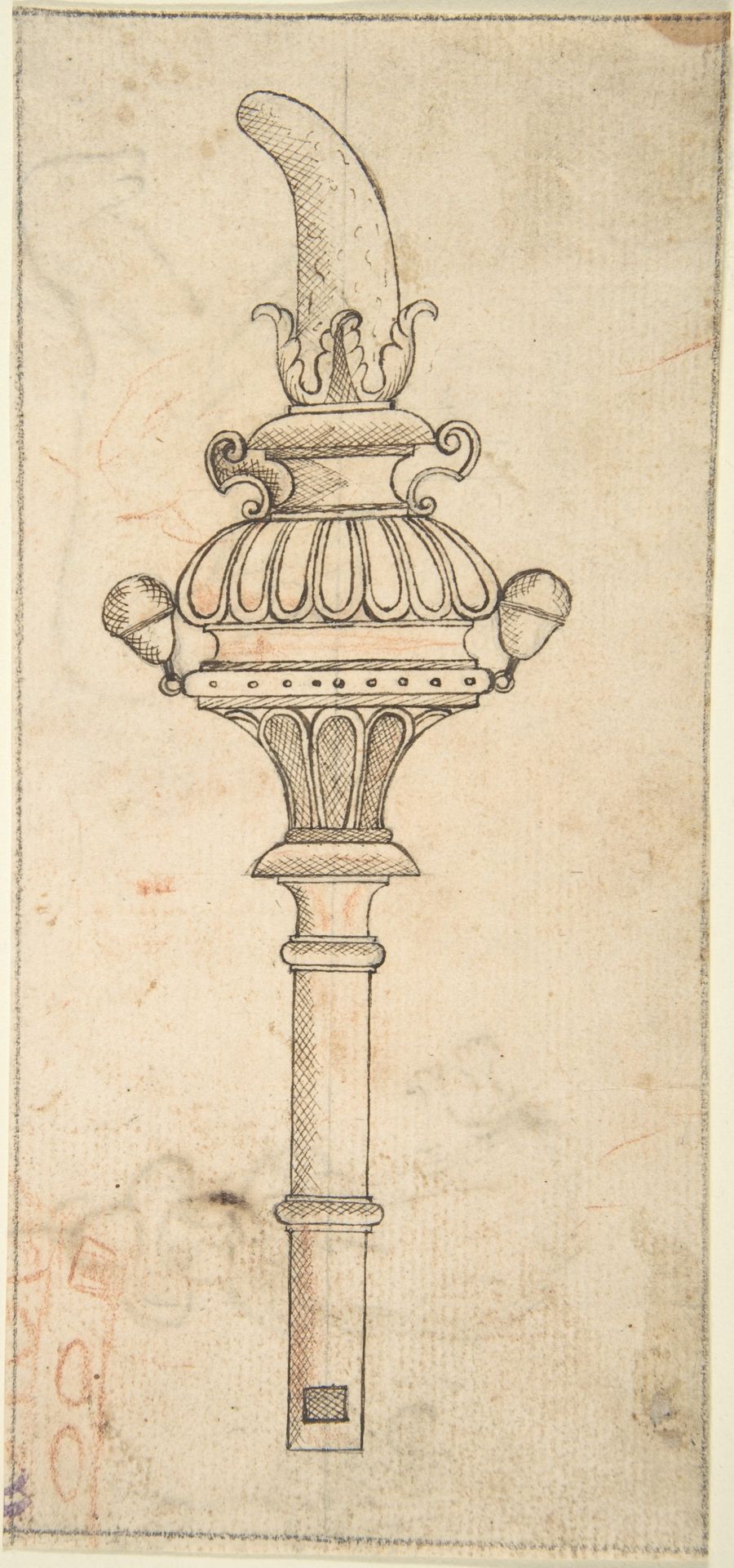 Design for a Rattle and Whistle (recto); Crude Sketches of an Equine Animal and a Figure in Exotic Costume (verso) by Anonymous