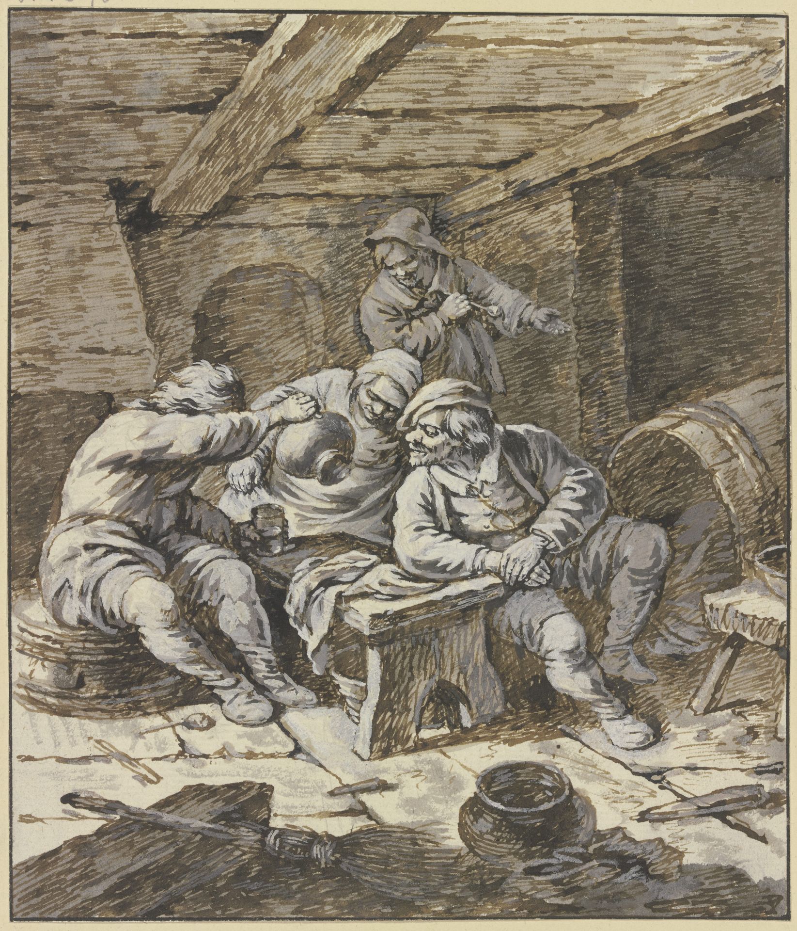Drei zechende Bauern und eine Bäerin an einer Bank by Johann Albrecht Dietzsch