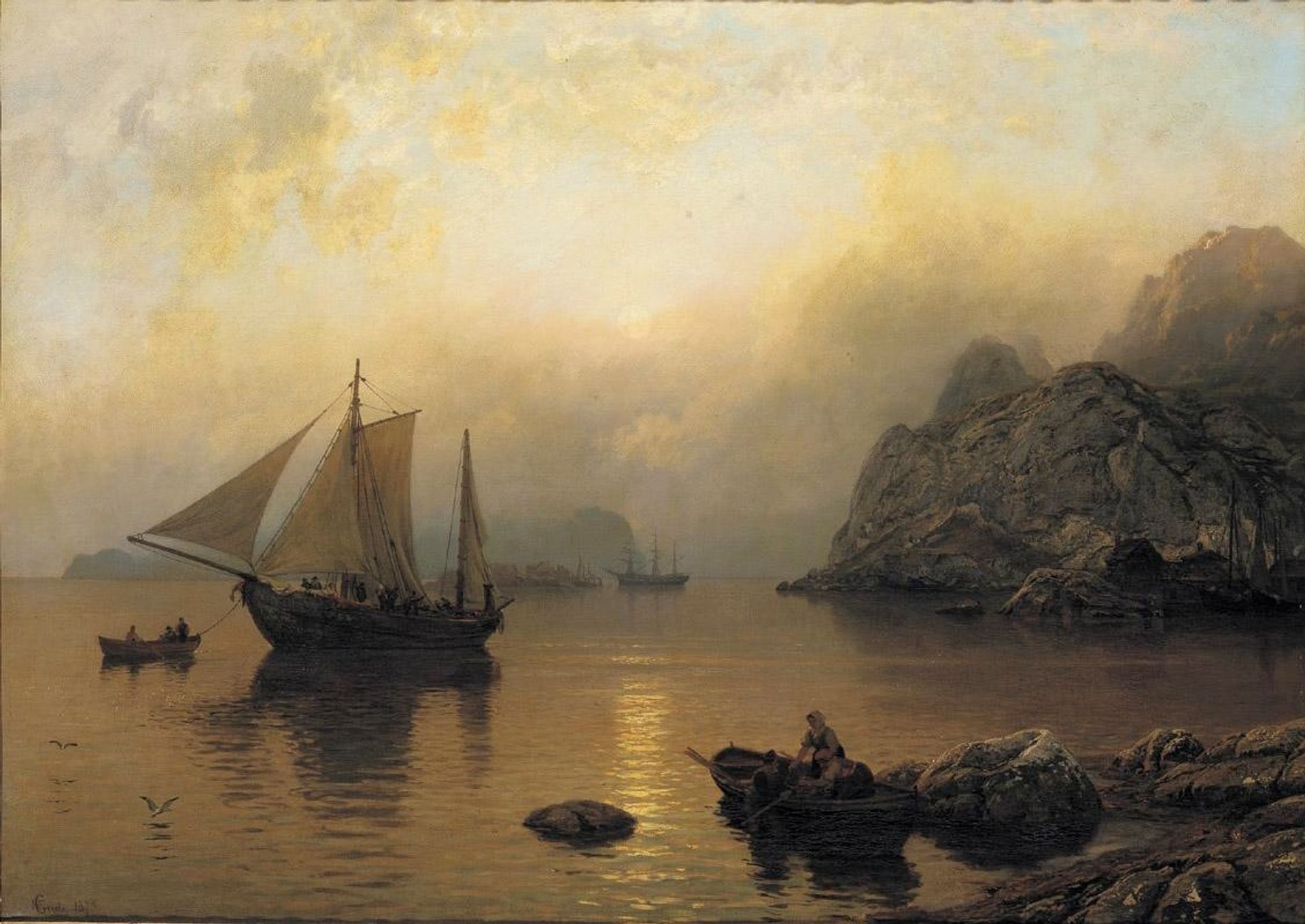 Fishing Party at Sunrise by Hans Gude