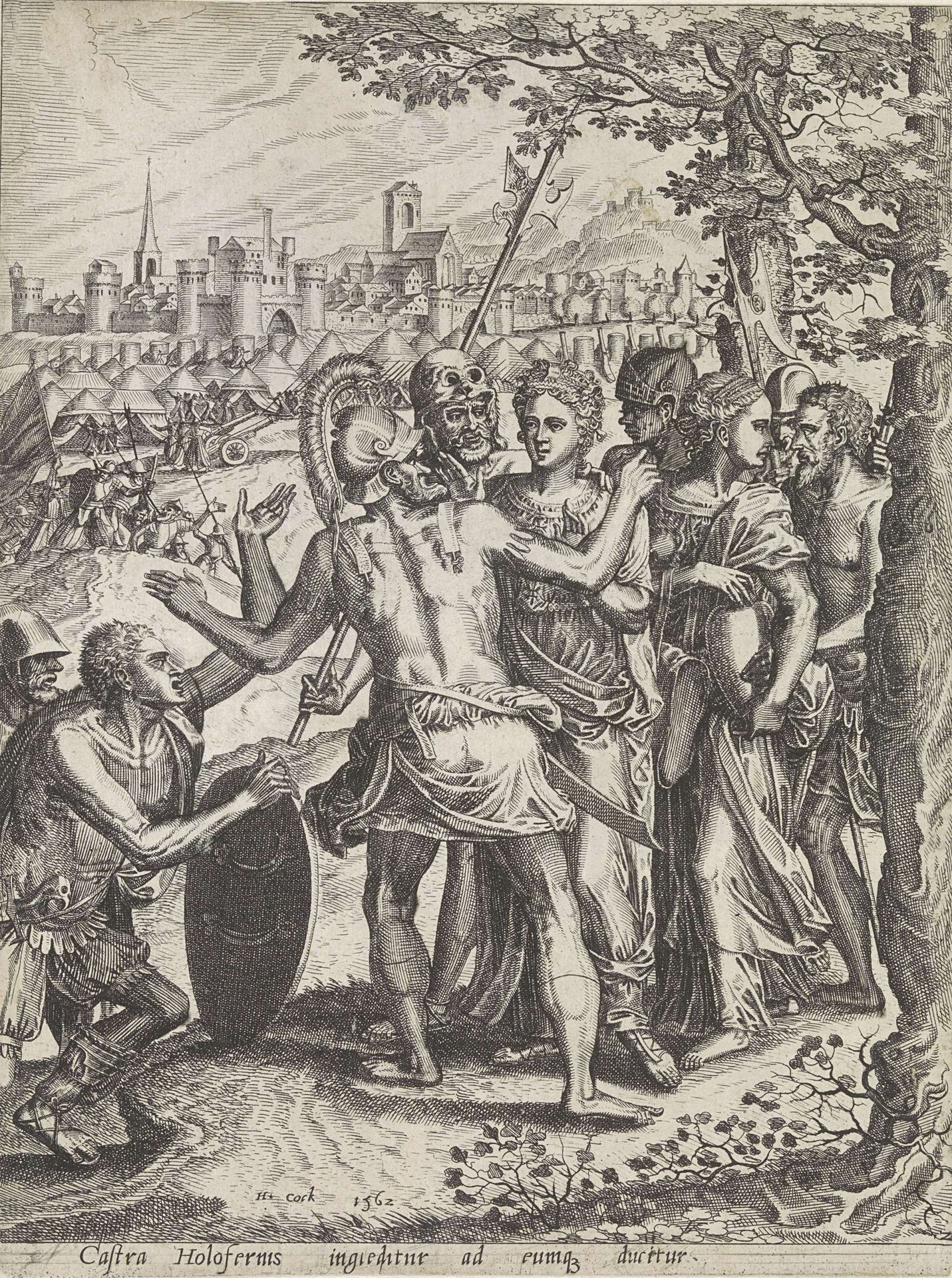 Judith en haar dienstmaagd onderweg naar het kamp van Holofernes by Johannes of Lucas van Doetechum