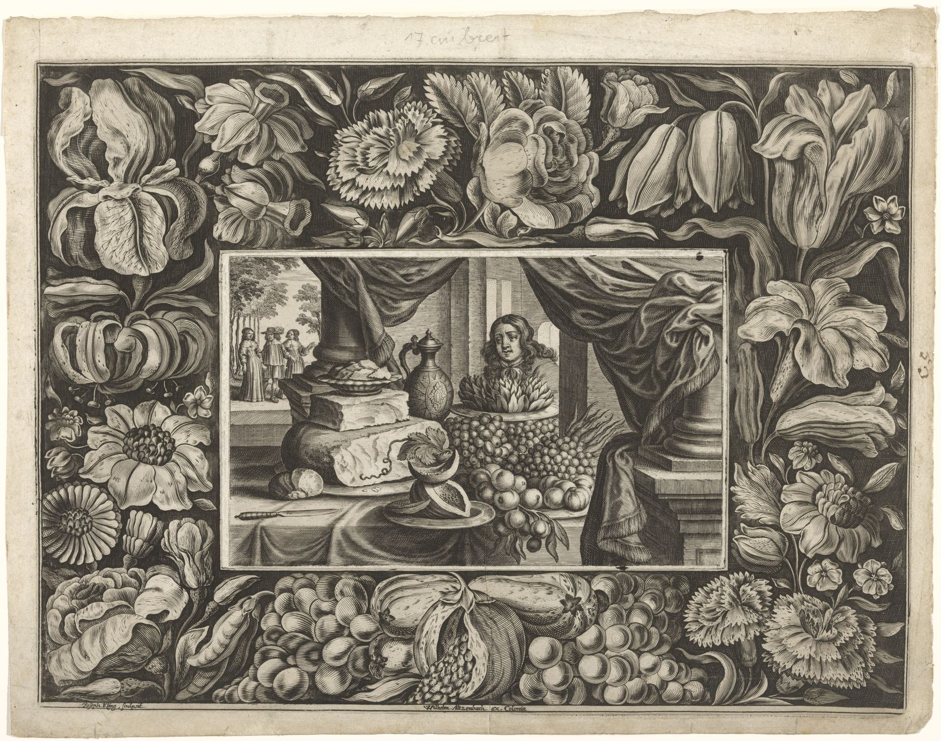 Stilleven van kaas en fruit met een ornamentrand by Joseph Kling
