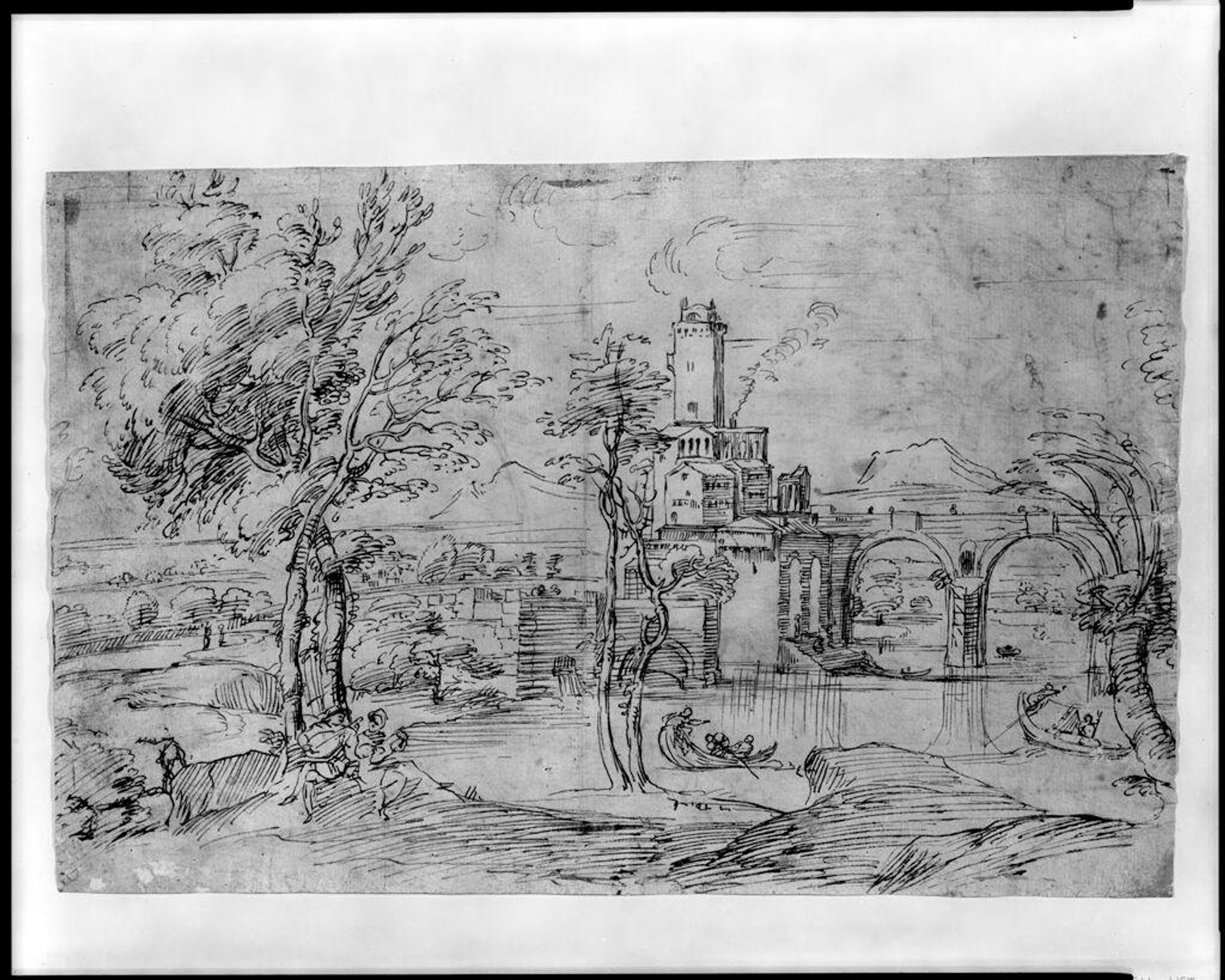 Landscape with Bridge and Castle; verso: Landscape with Man Leaning on Rock Looking into River by Attributed to Domenico Zampieri, called Domenichino