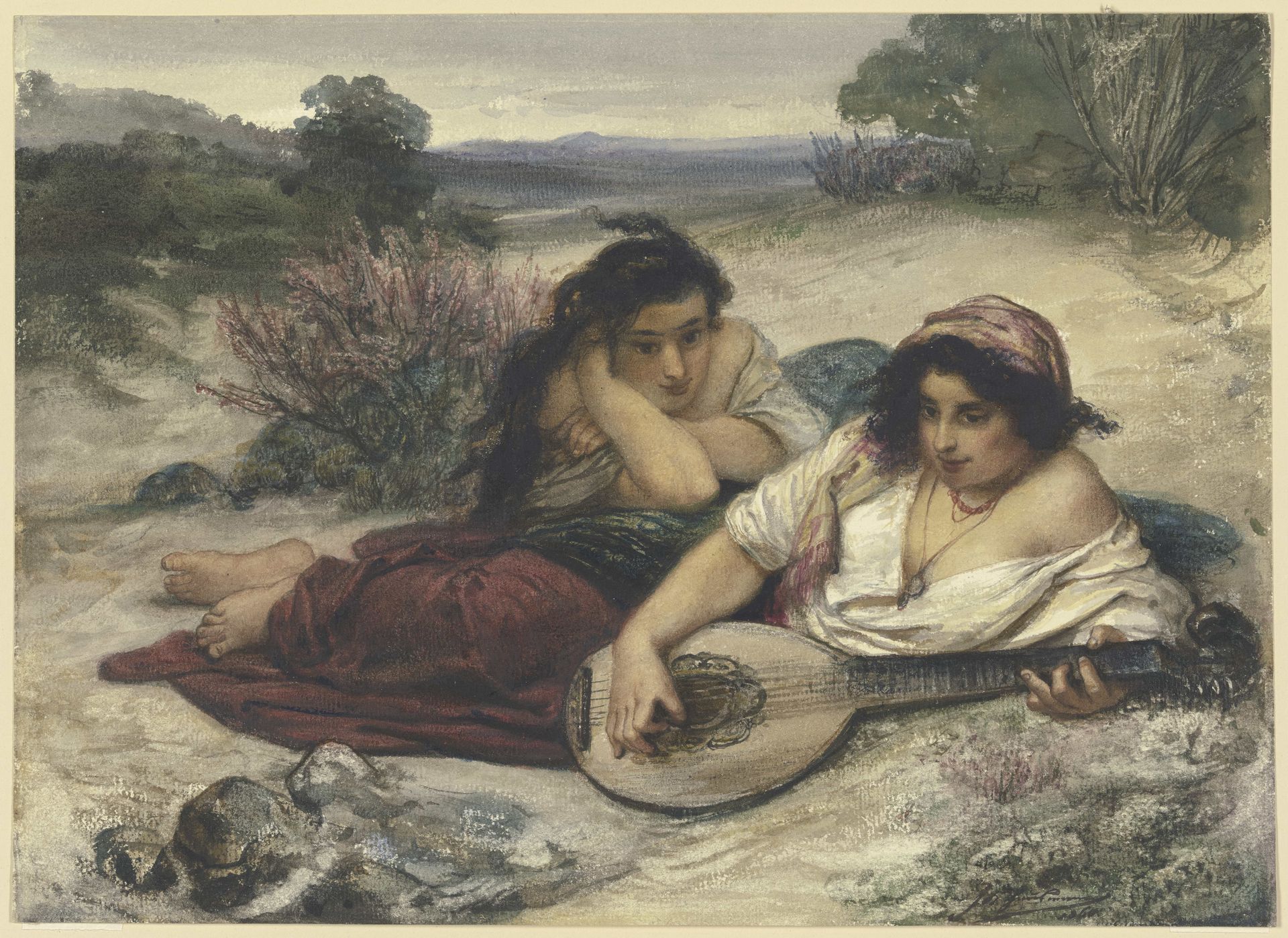 Zwei in der Landschaft lagernde italienische junge Frauen by Friedrich Karl Hausmann