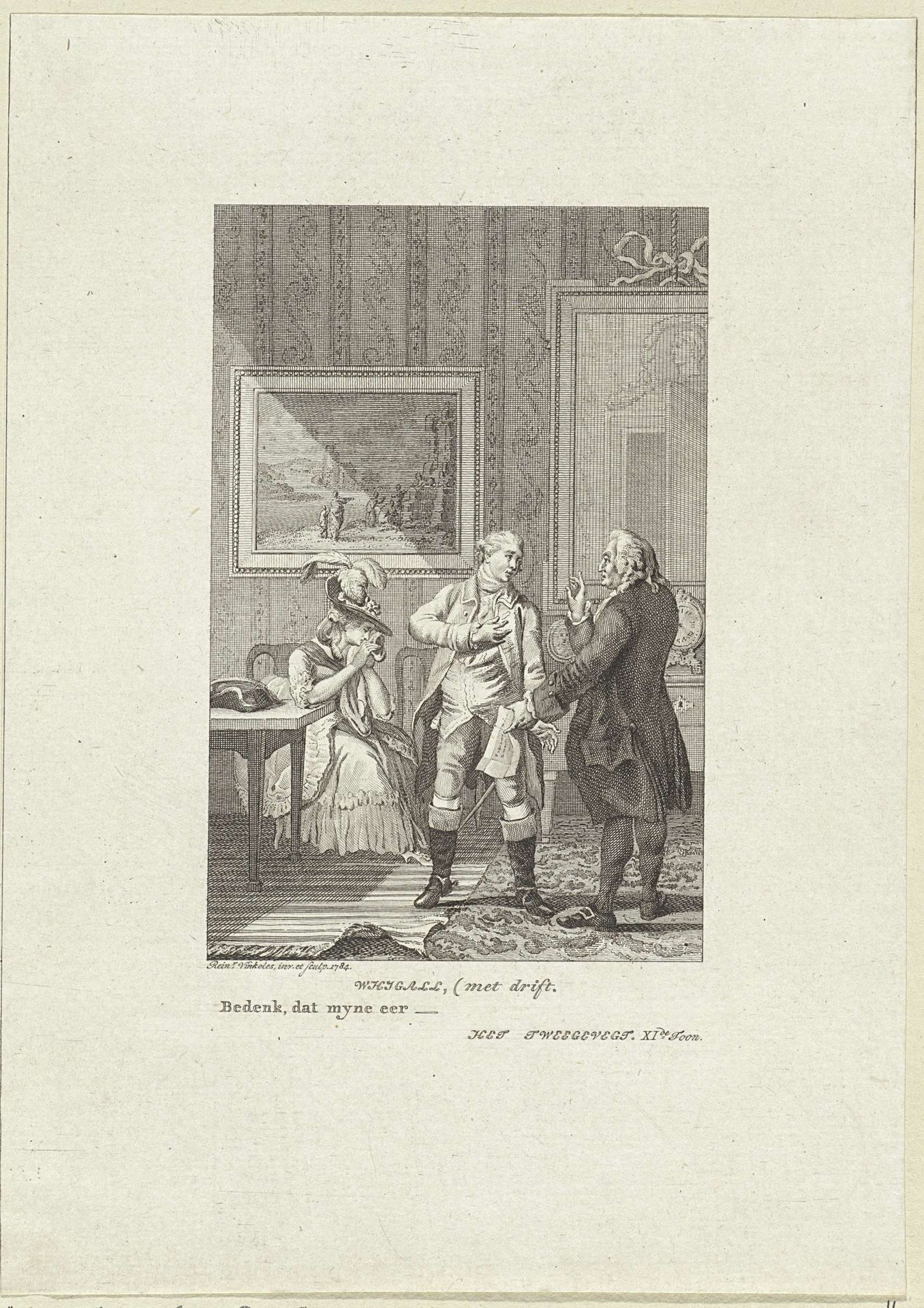 Twee mannen voeren een gesprek terwijl een jonge vrouw zit te huilen by Reinier Vinkeles