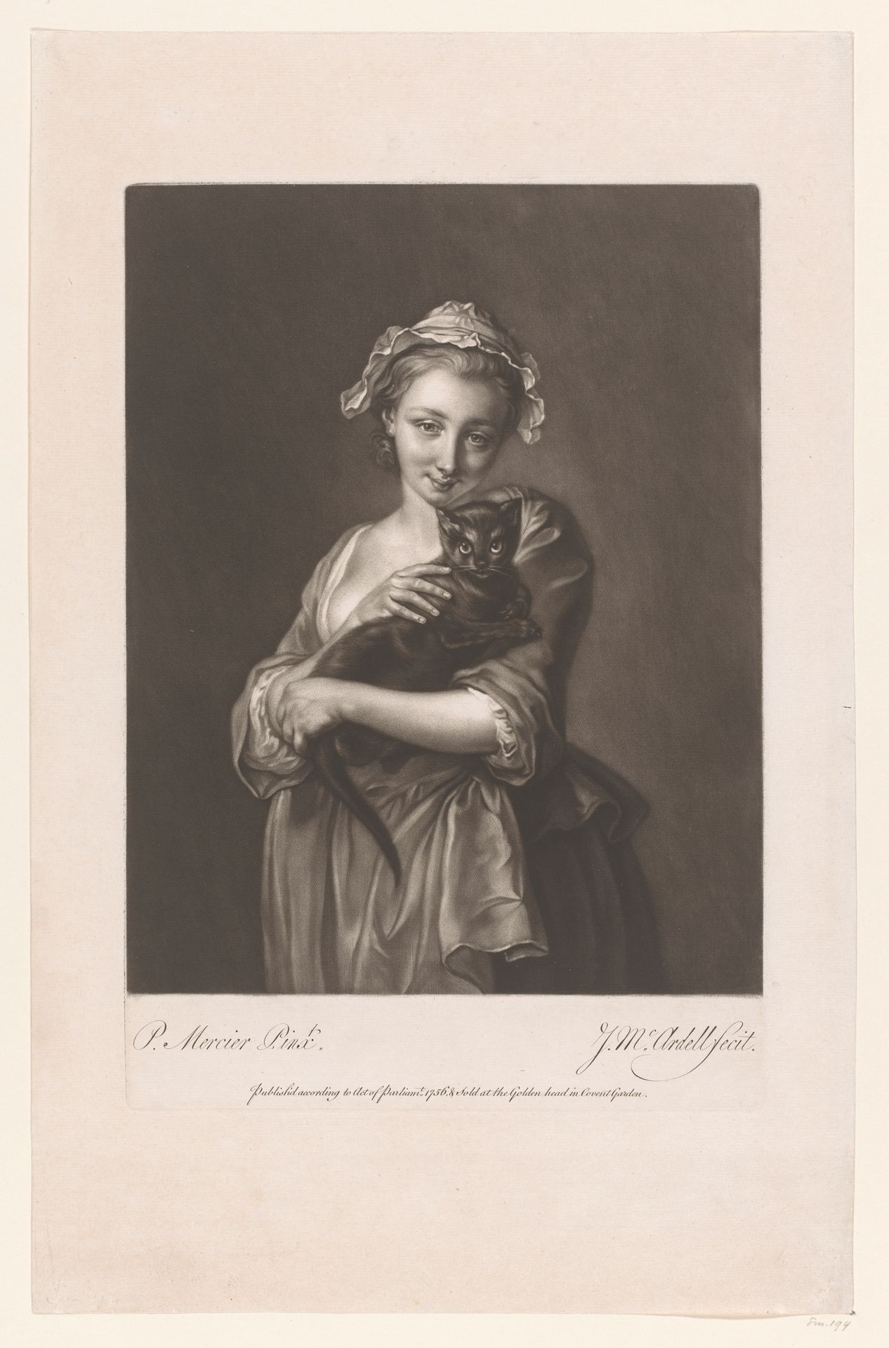 Portret van een onbekende vrouw met kat by James McArdell