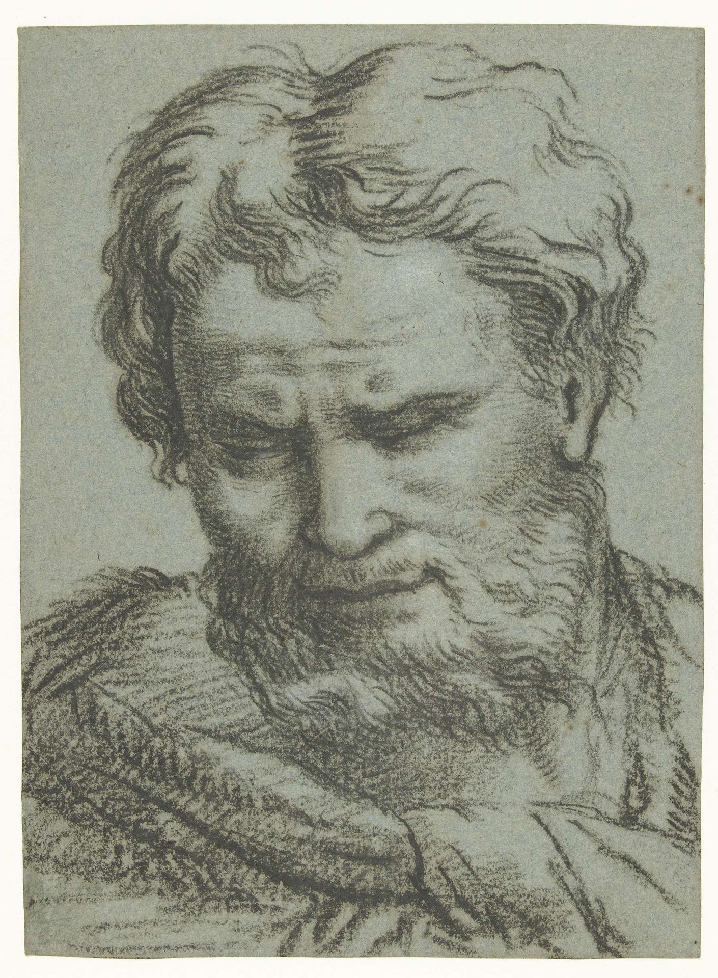 Kop van een neerziende man met baard by Dirck Pietersz. Crabeth