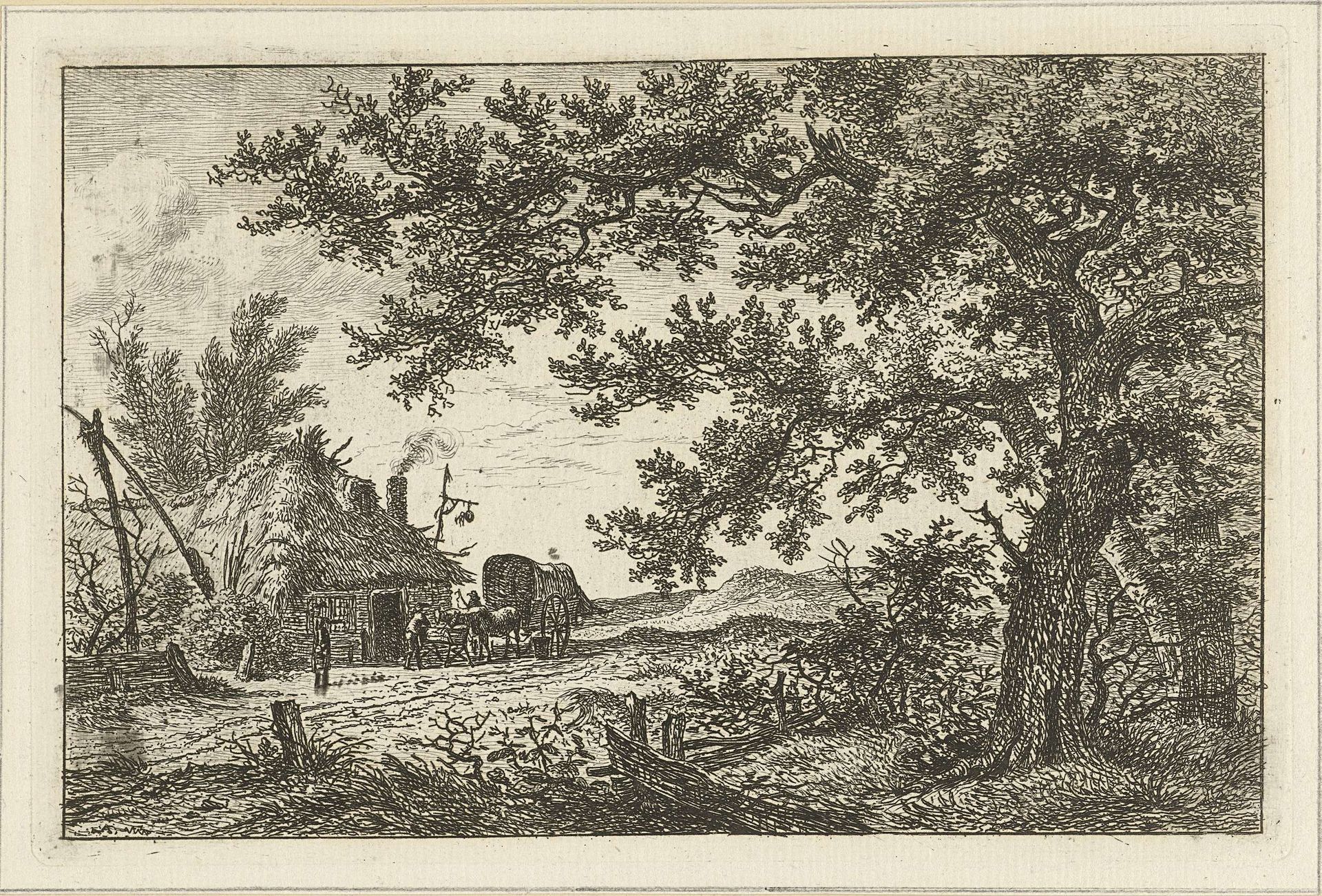 Huifkar bij boerderij by Hermanus Fock