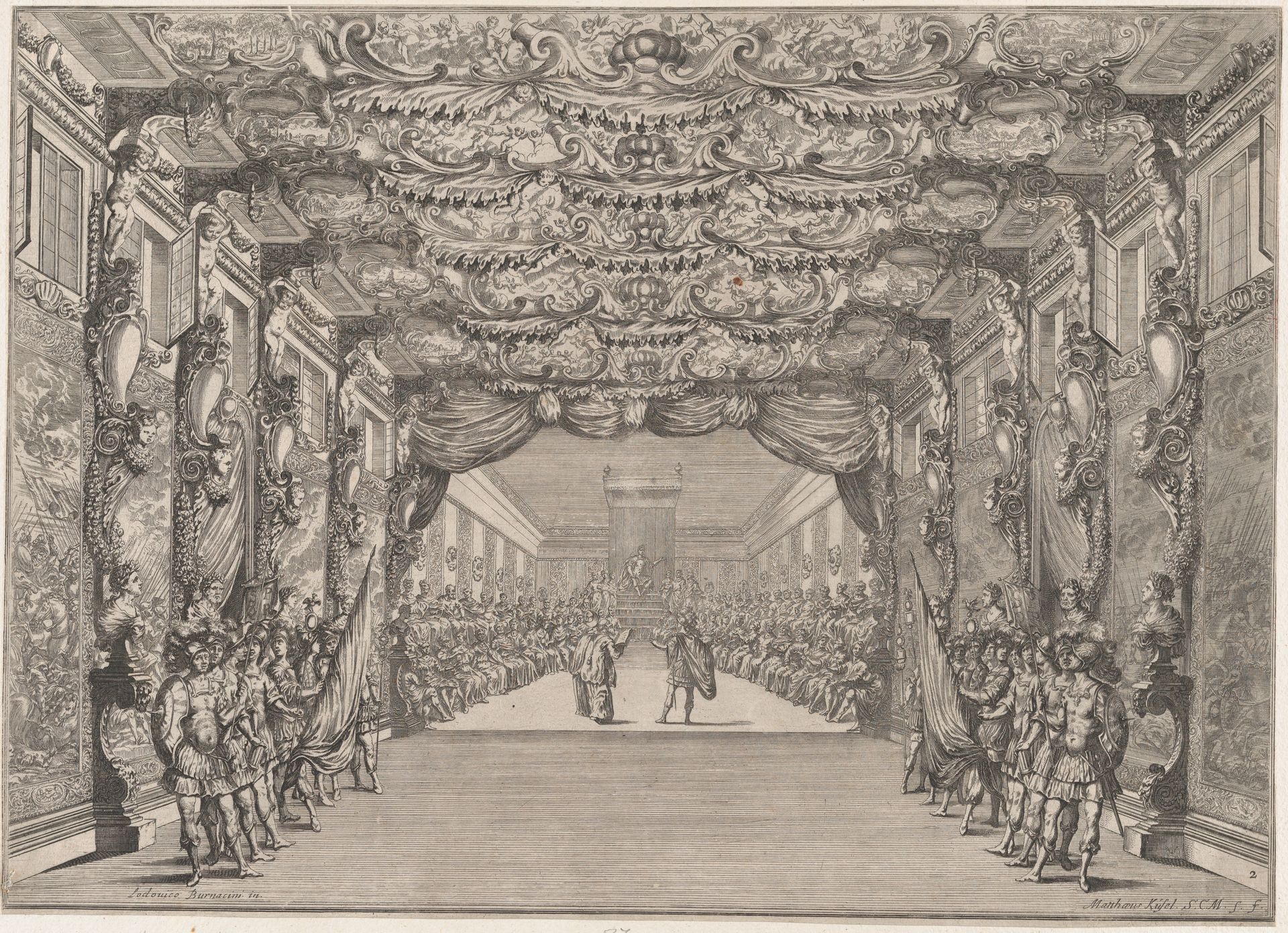 The Roman curia with guards in the anteroom; set design from 'Il Fuoco Eterno' by Mathäus Küsel