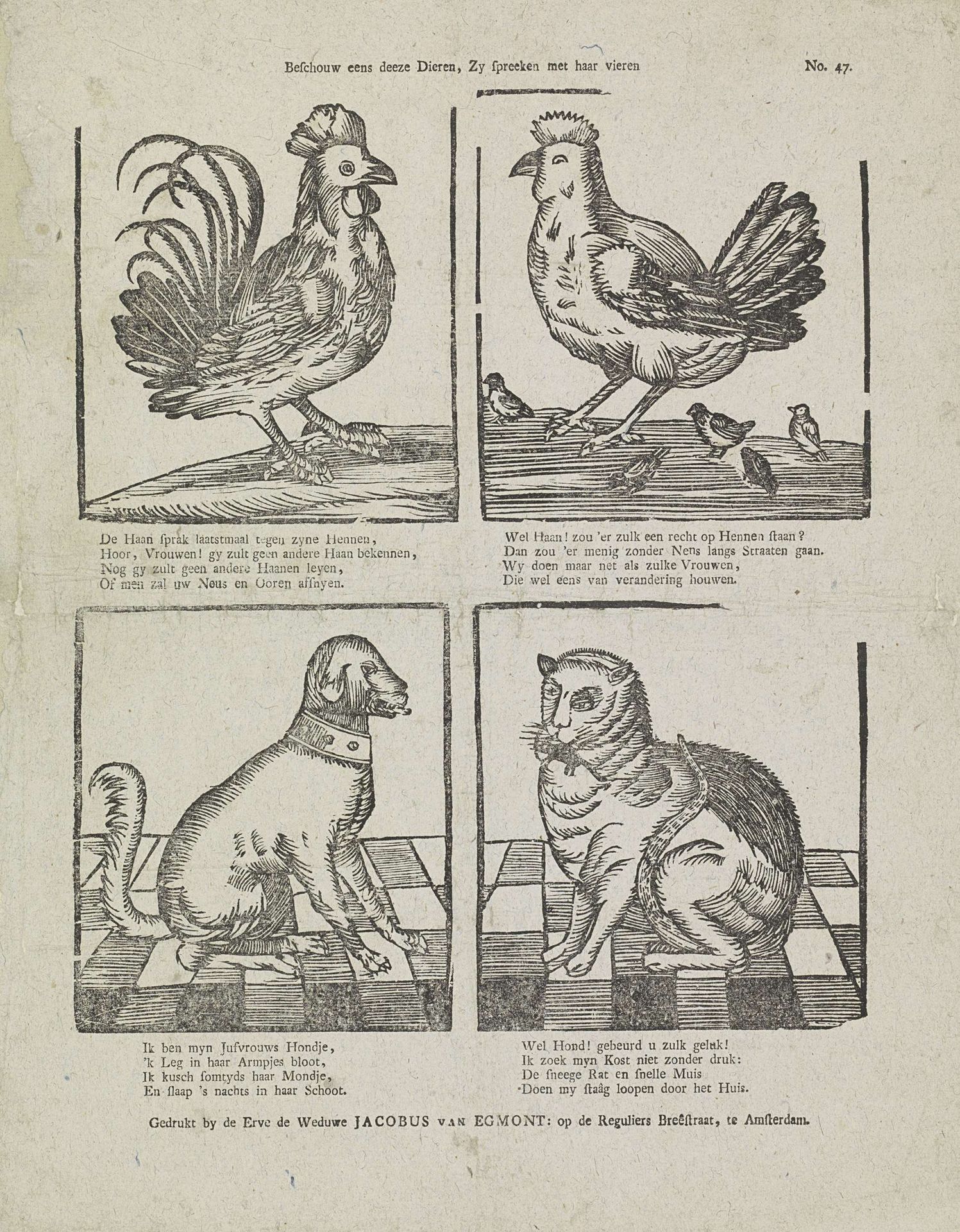 Beschouw eens deeze dieren, Zy spreeken met haar vieren by Erven de Weduwe Jacobus van Egmont