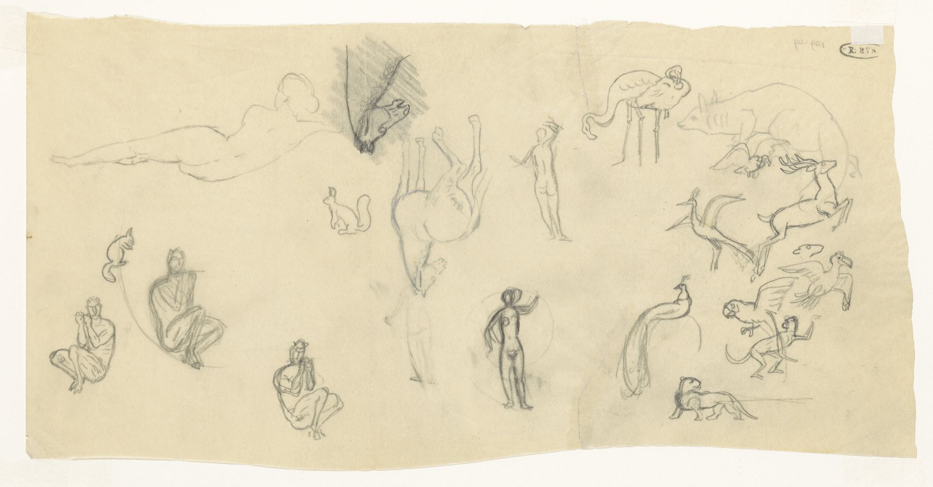 Studieblad met satyrs, naakten en diverse dieren by Leo Gestel