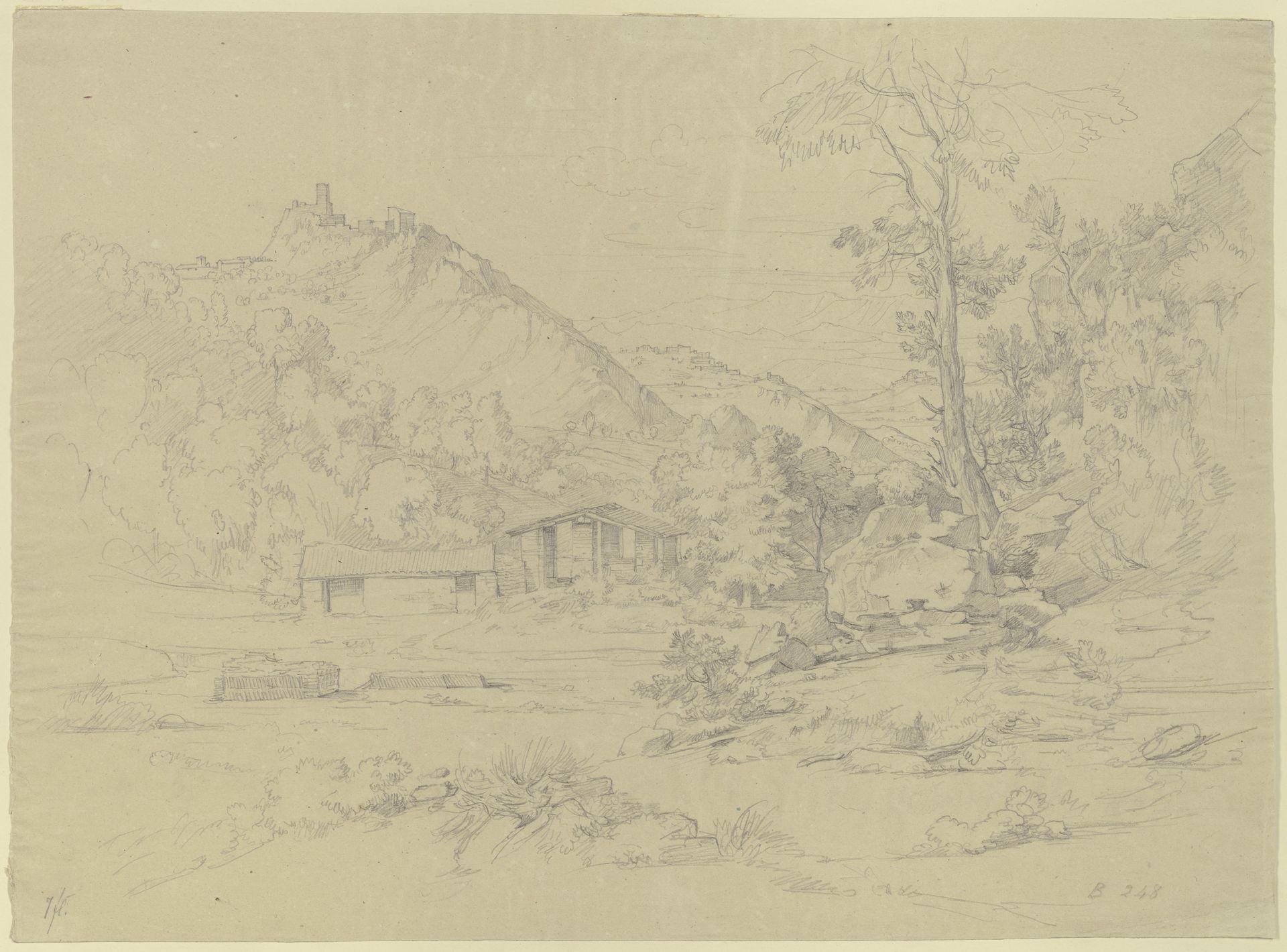 Gebirgspartie mit Ruinen auf den Bergen, vorn ein Wasser mit einigen Hütten by Johann Wilhelm Schirmer