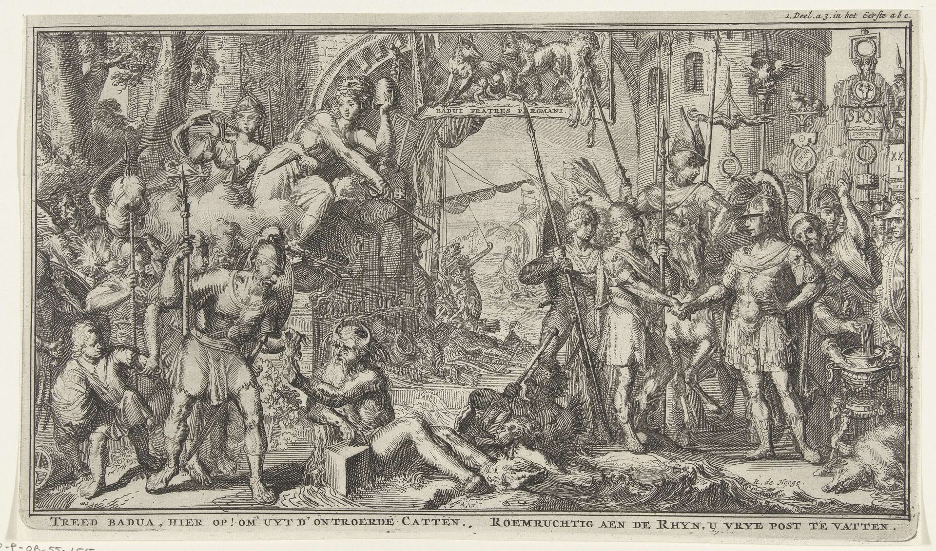 Allegorie rond de vestiging van de Bataven in Nederland en vrede met de Romeinen by Romeyn de Hooghe