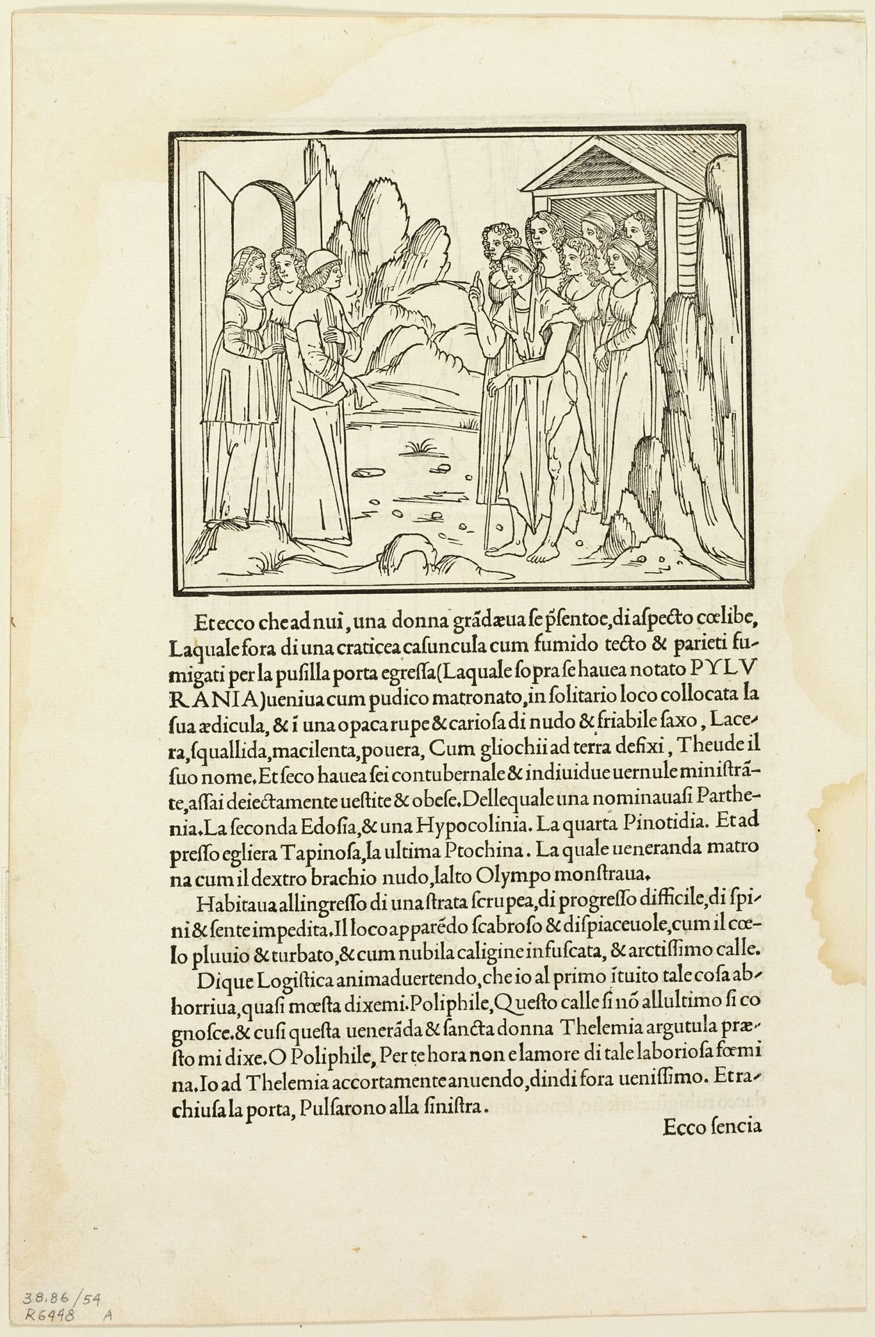 Poliphilus Meeting the Venerable Matron (recto) and Poliphilus in a Rocky Place (verso) from Hypnerotomachia Poliphili (The Strife of Love in a Dream) Plate 54 from Woodcuts from Books of the 15th Century by Anonymous