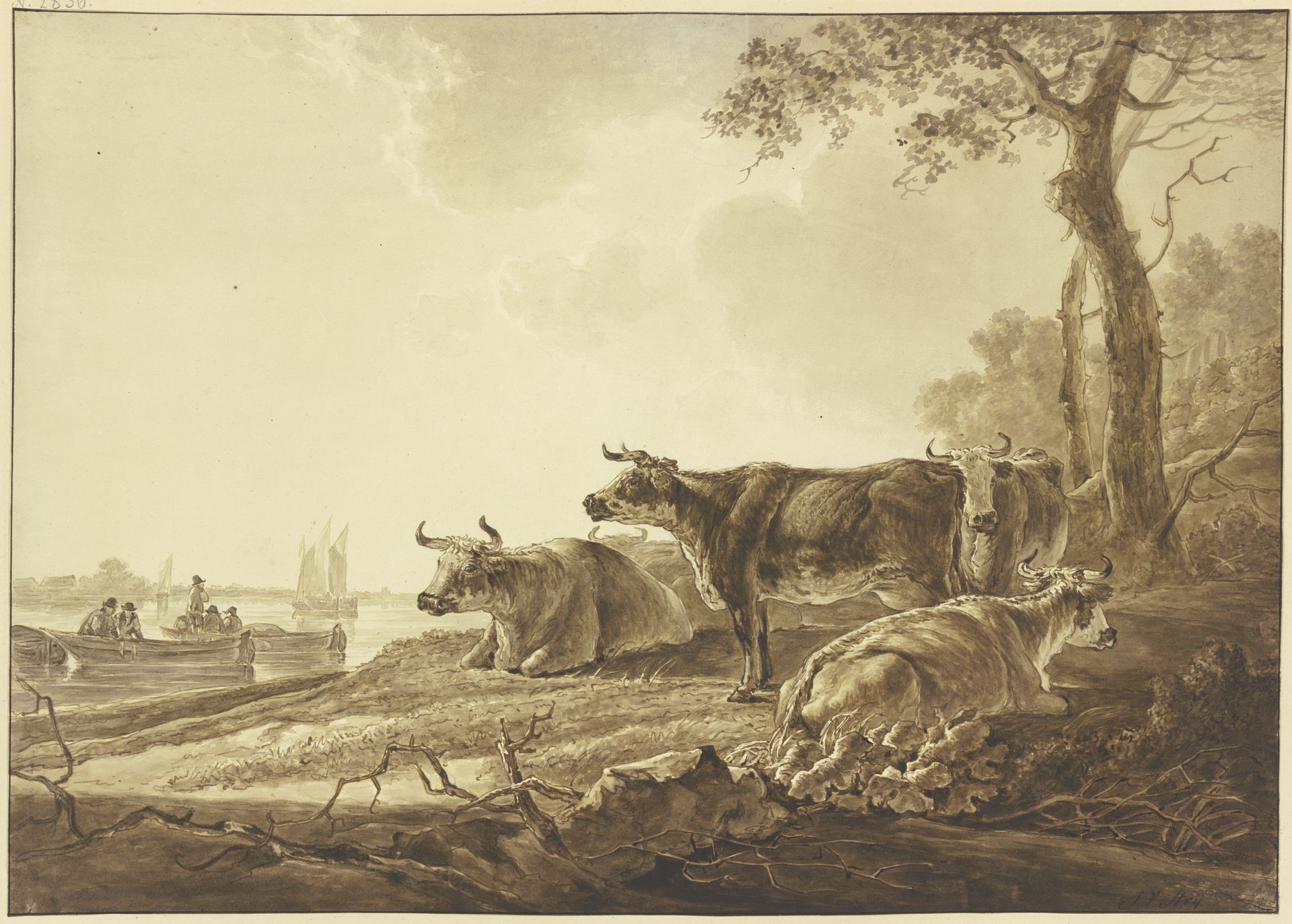 Rinderherde an einem Flußufer by Jacob van Strij