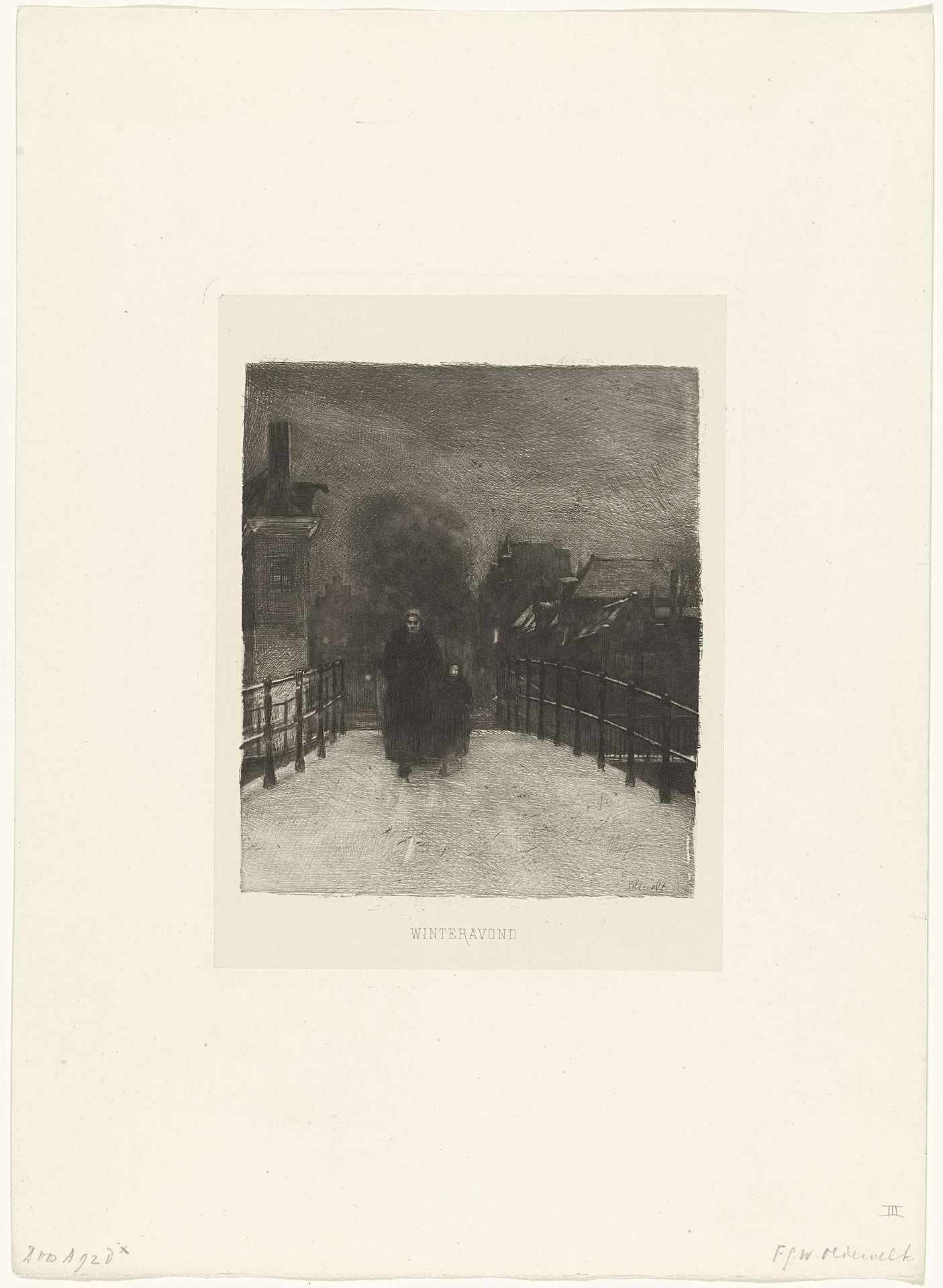 Oude vrouw met kind op een brug by Ferdinand Oldewelt