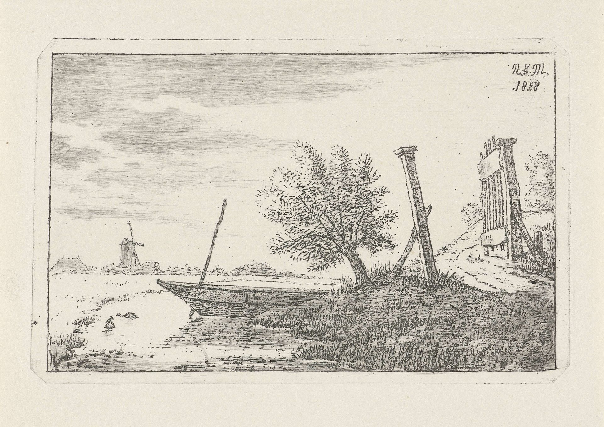 Landschap met boot en openstaand hek by Anthonie Willem Hendrik Nolthenius de Man