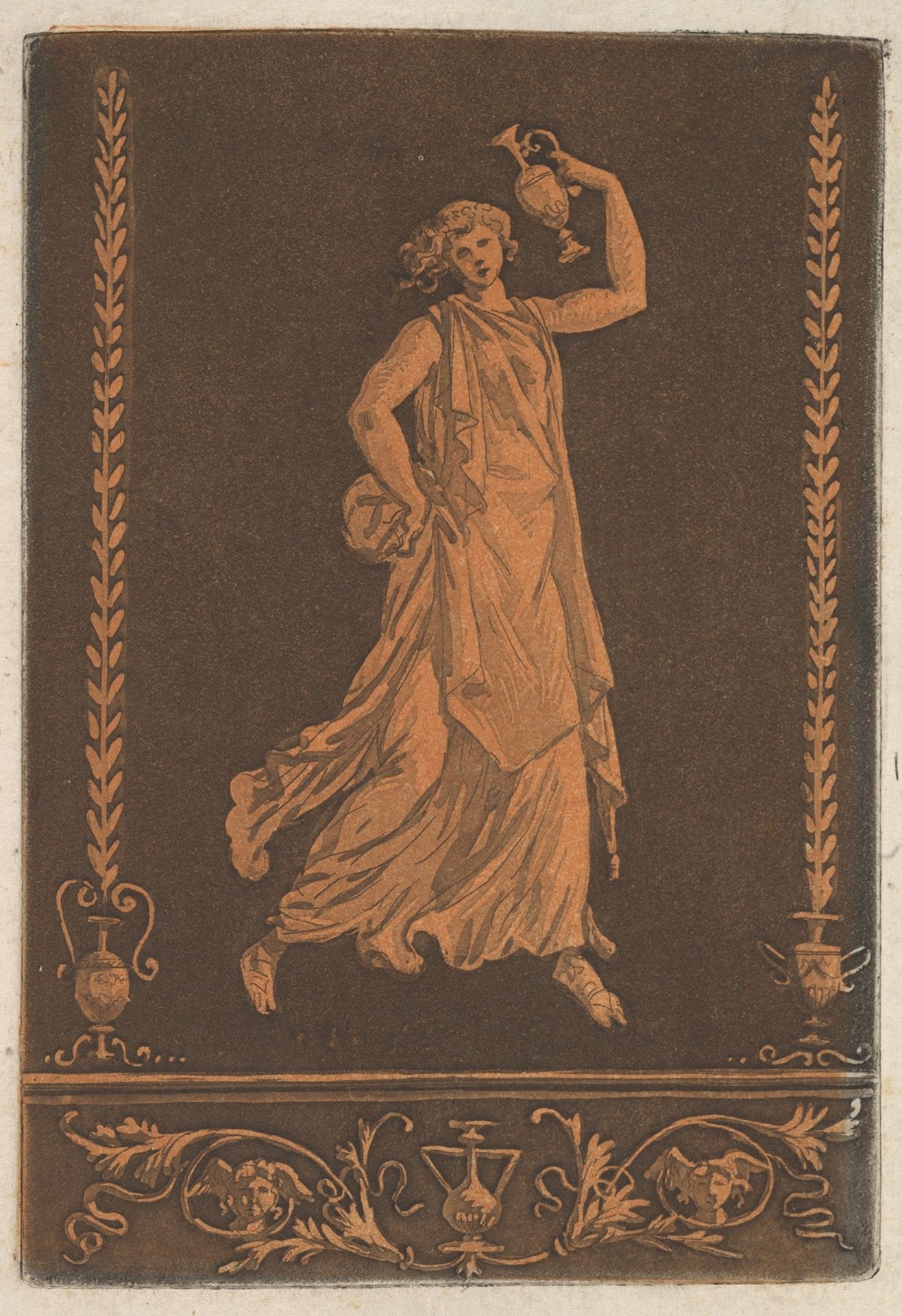 Jeune femme drapée, marchant de gauche à droit, portant un vase de métal (Young draped woman, walking from left to right, carrying a metal vase in the style of red-figure vase painting), most likely from Recueil de Différentes Compositions Frises et Ornements dessinées et gravées à la manière du lavis par La Grenée le Juene Se trouve chez l'Auteur, au Louvre et chez Basan, rue et Hôtel Serpente A Paris, in an album containing Recueil de Compositions par Lagrenée Le Jeune (Collection of Compositions by Lagrenée the Younger) by Jean Jacques Lagrenée