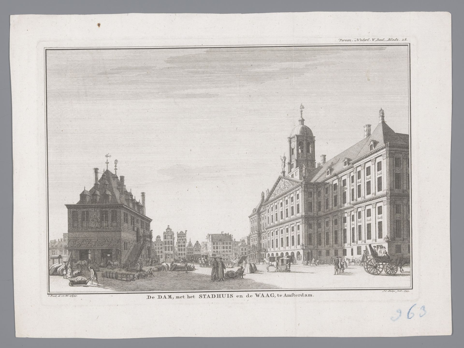Gezicht op de Dam in Amsterdam met het stadhuis en de Waag by Jan Caspar Philips