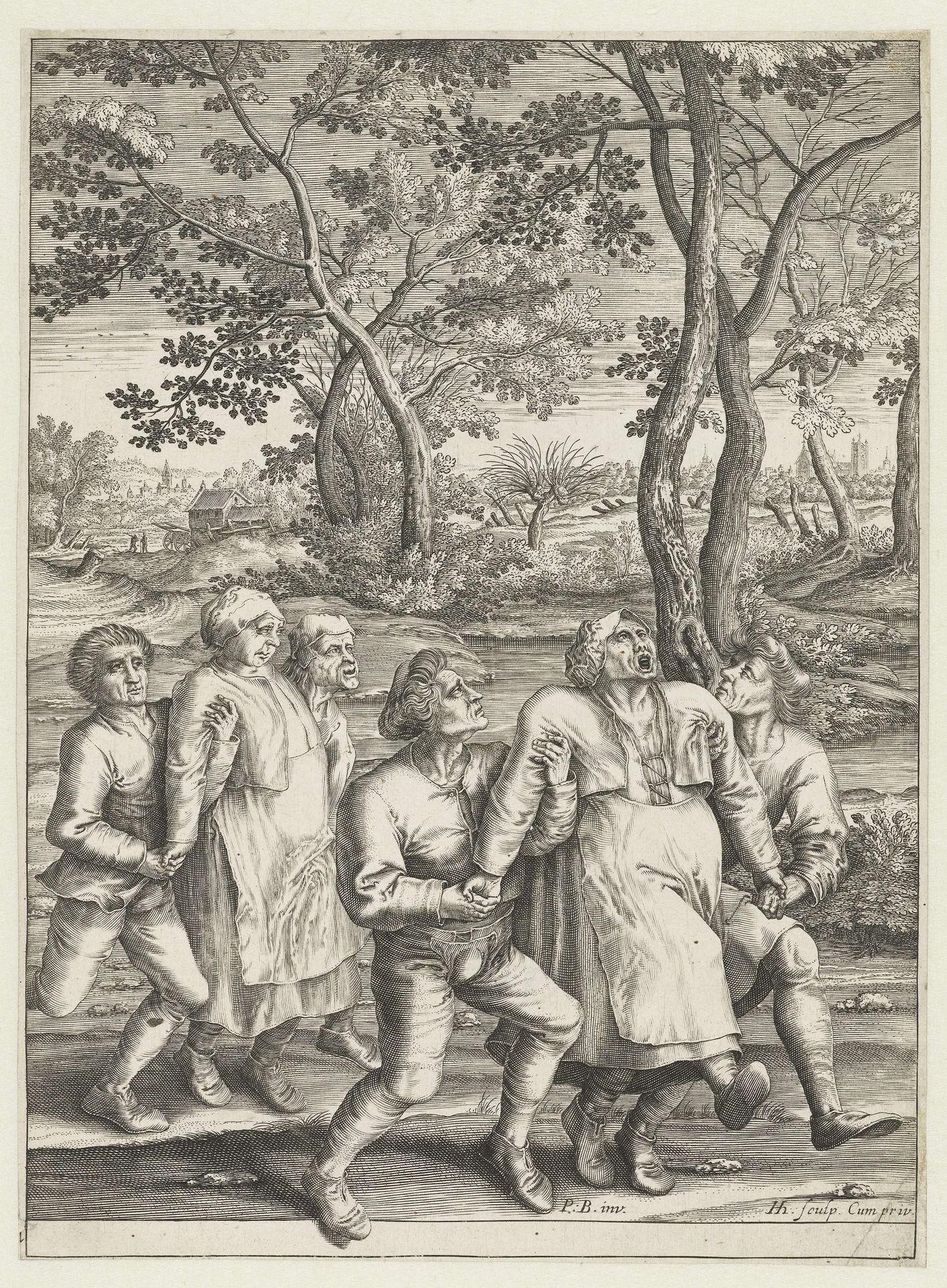 Twee epileptici en hun begeleiders op weg naar Molenbeek by Hendrick Hondius I