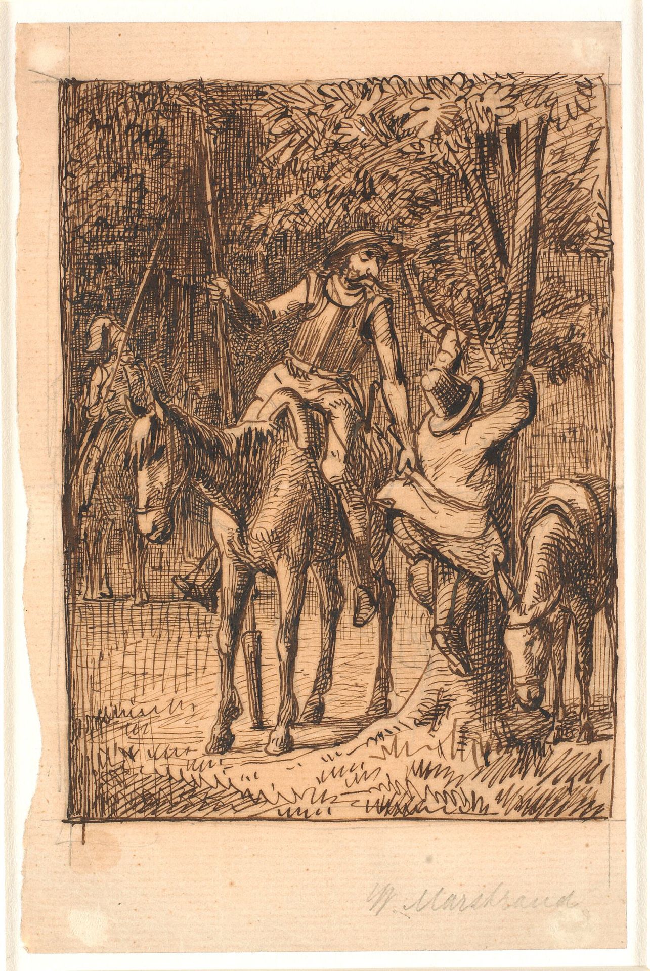 Før kampen med spejlridderen hjælper Don Quixote Sancho Pansa op i et træ by Wilhelm Marstrand
