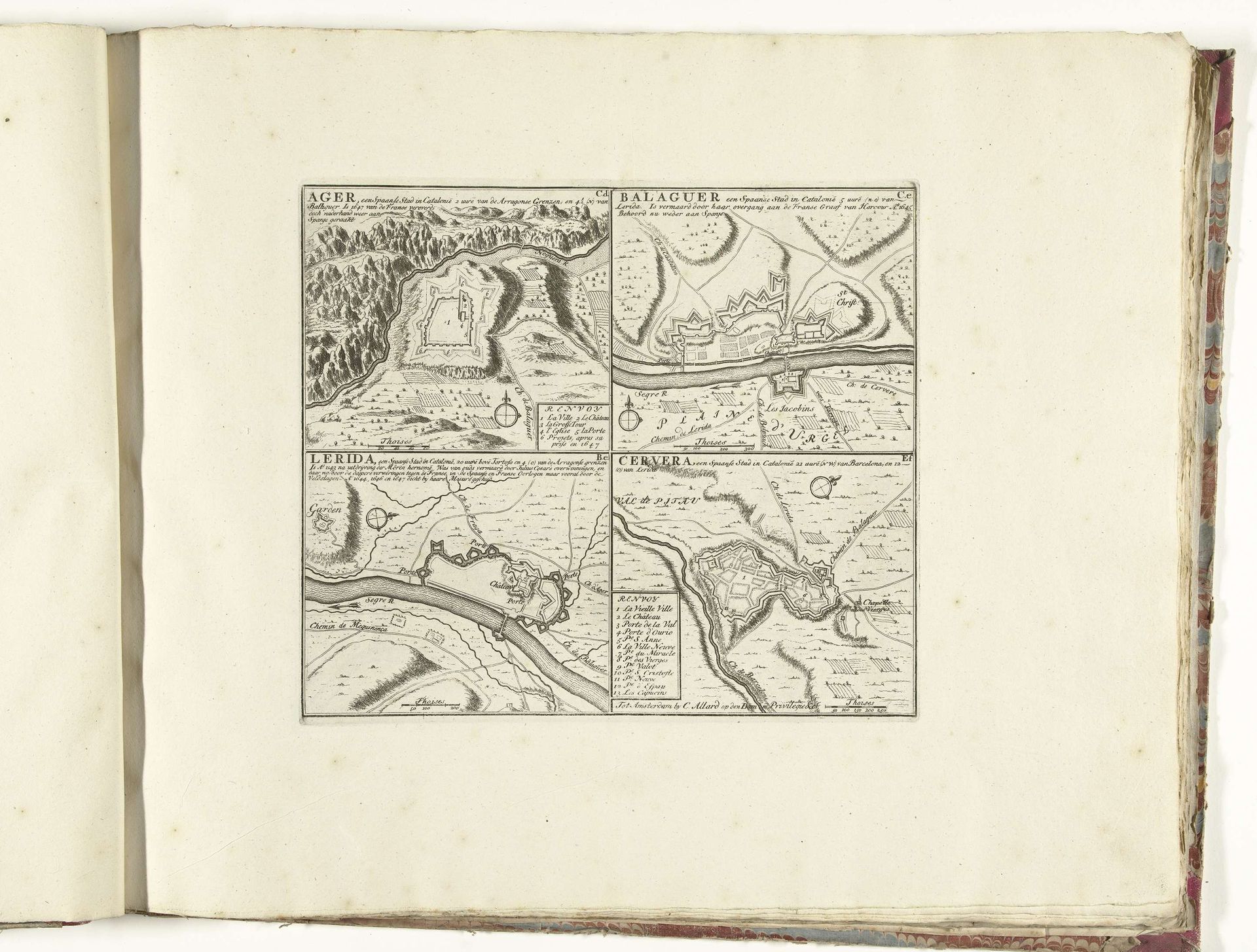 Vier kaarten van steden in Catalonië, ca. 1701-1713 by Abraham Allard