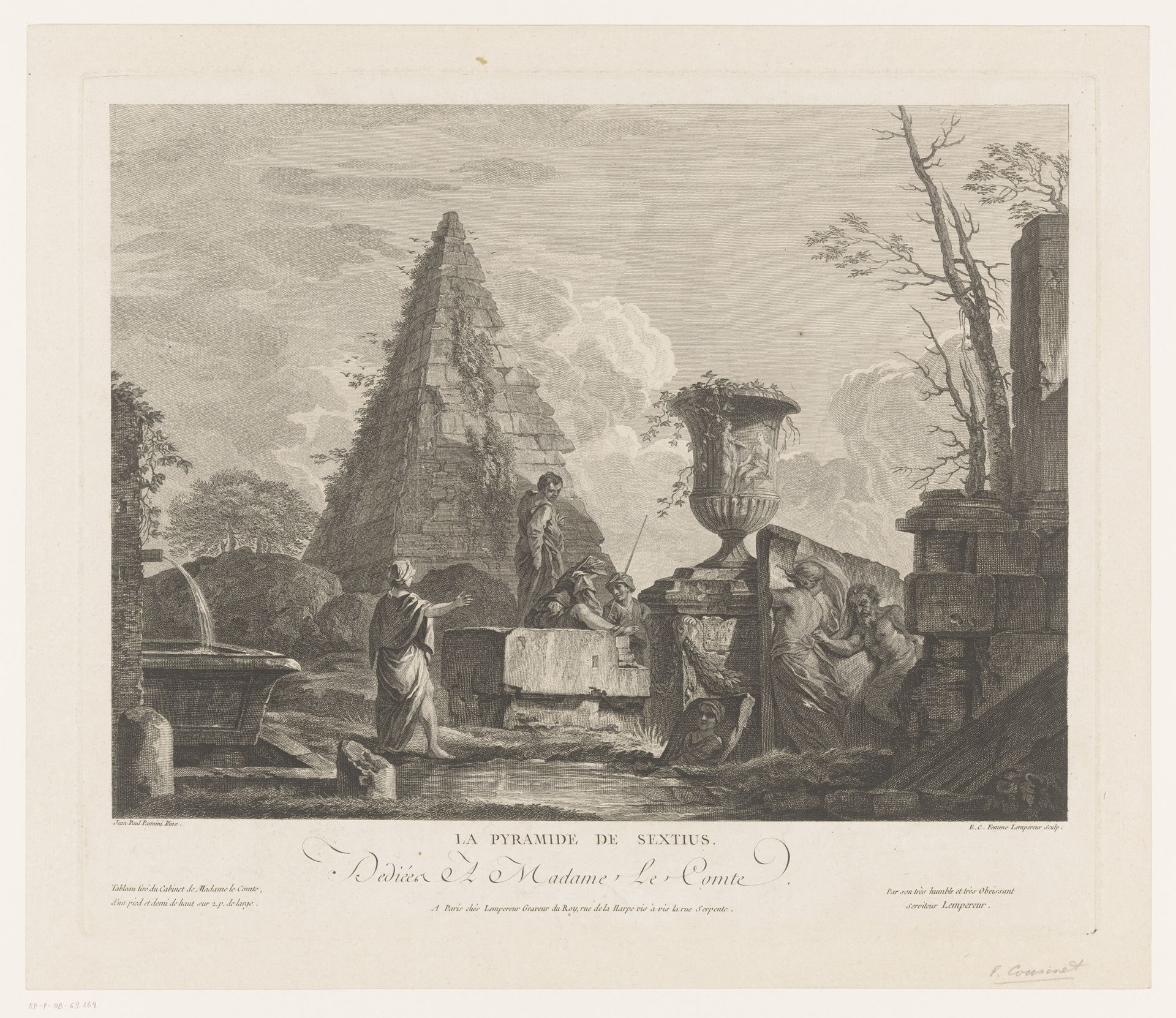Twee vrouwen en twee mannen bij de piramide en ruïnes by Cathérine Elise Cousinet