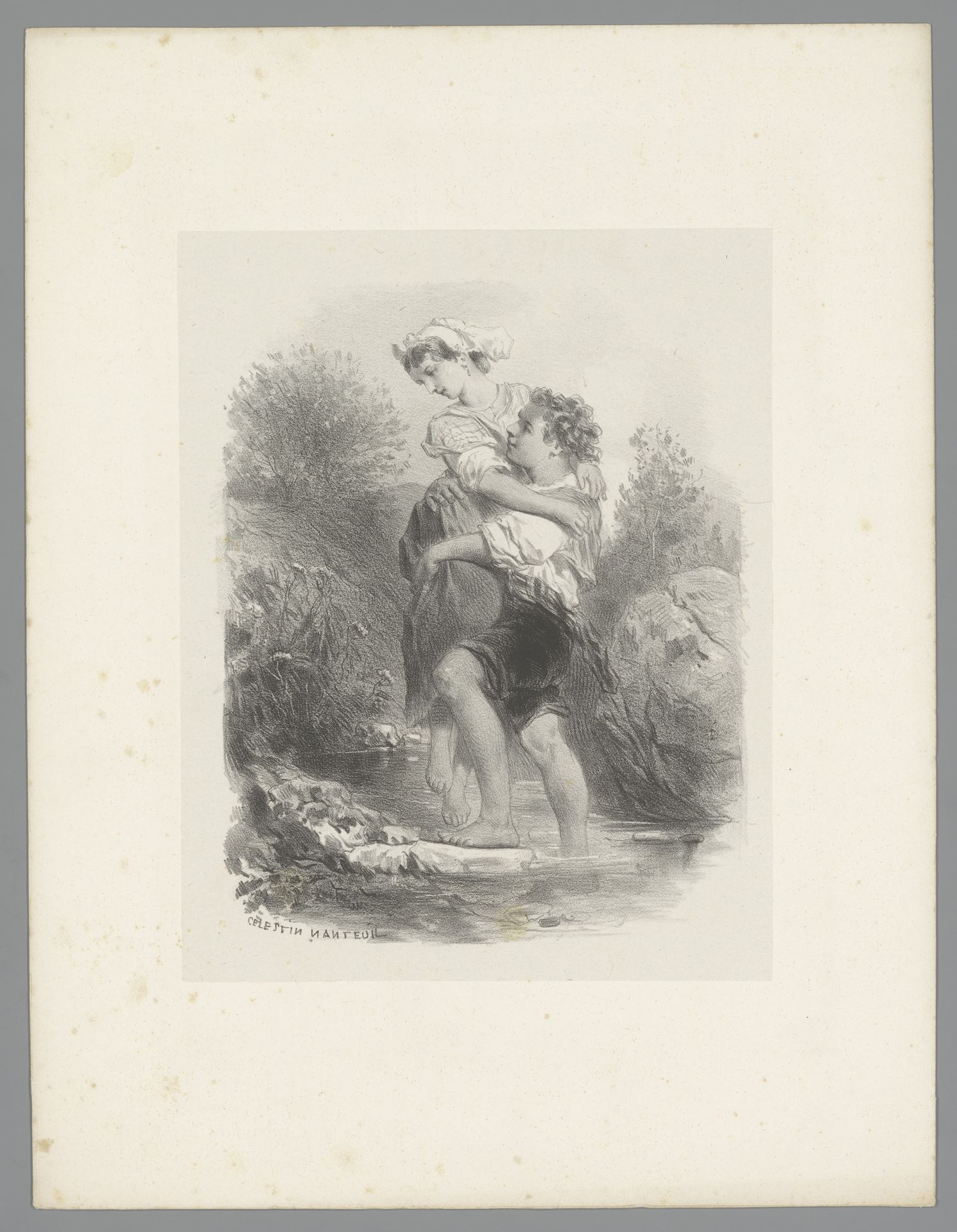 Jonge man draagt een jonge vrouw over het water by Célestin Nanteuil