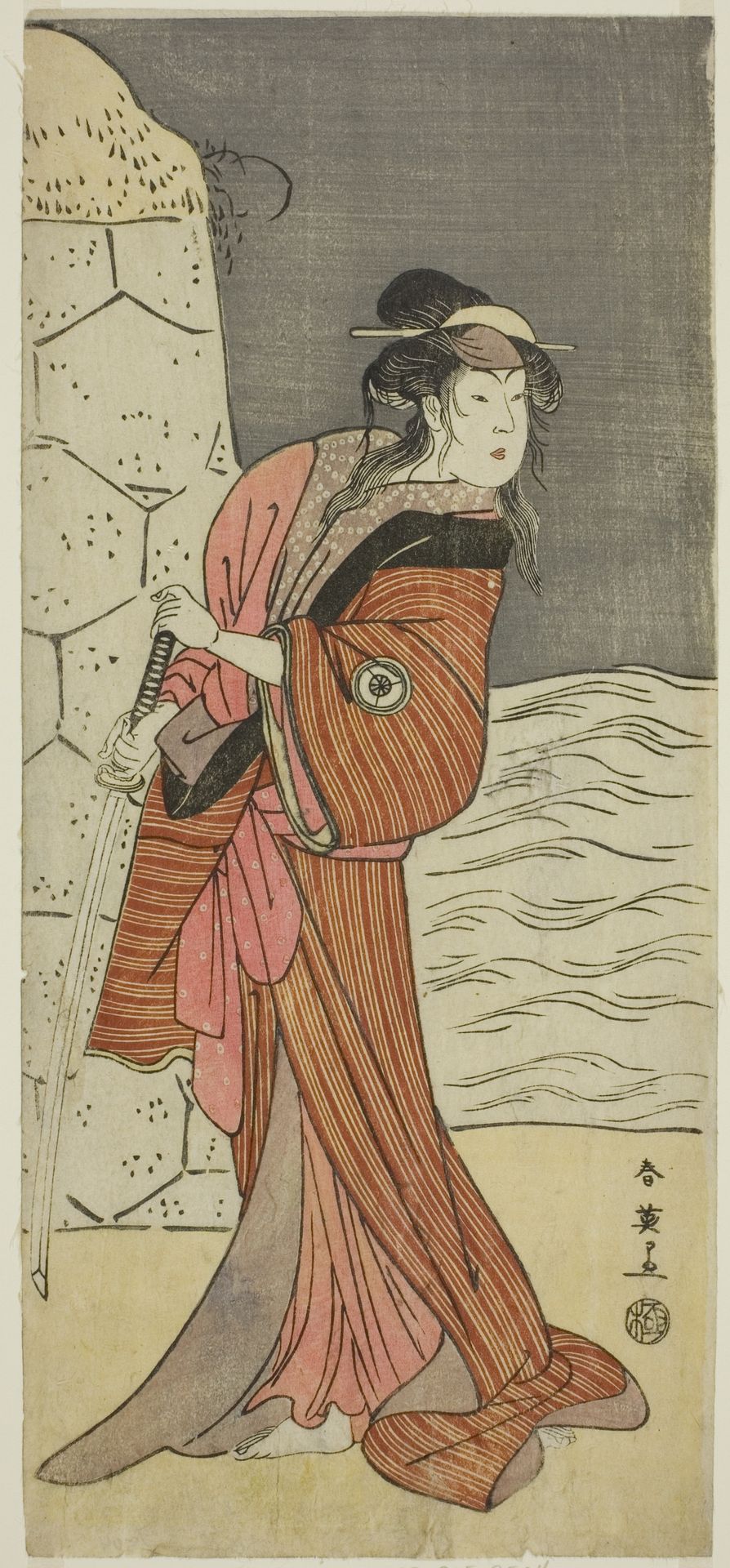 The Actor Iwai Hanshiro IV as Yaegushi no Oroku (?) in the Play Keisei Kogane no Hakarime (?), Performed at the Kawarazaki Theater (?) in the Third Month, 1792 (?) by Katsukawa Shun'ei