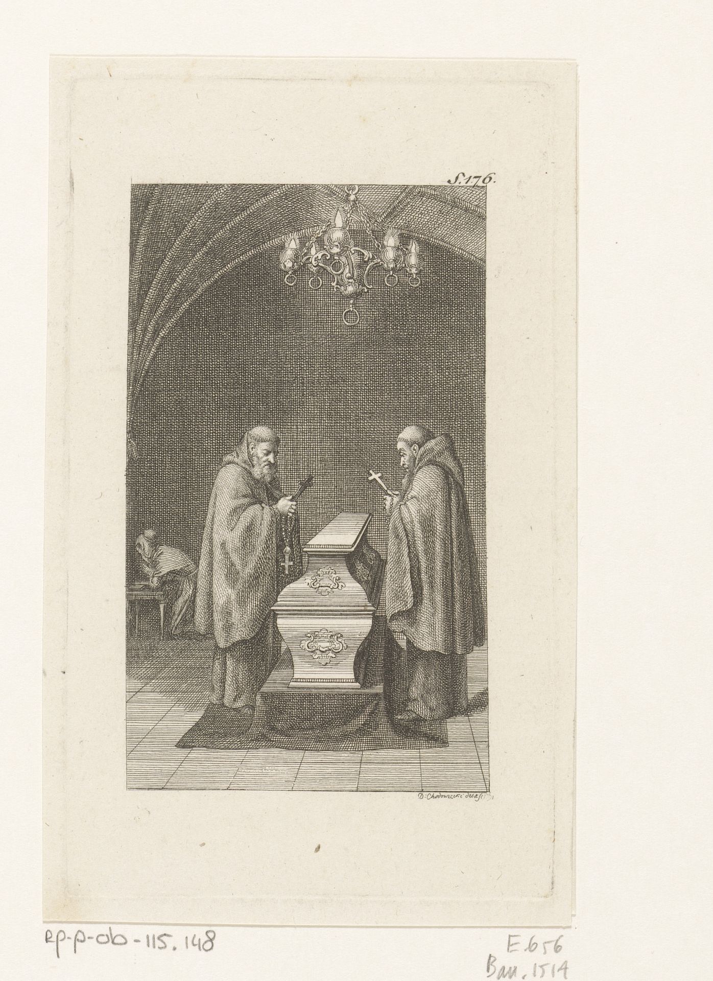 Twee monniken staan naast de sarcofaag terwijl Hedwig geknield aan het bidden is by Daniel Nikolaus Chodowiecki