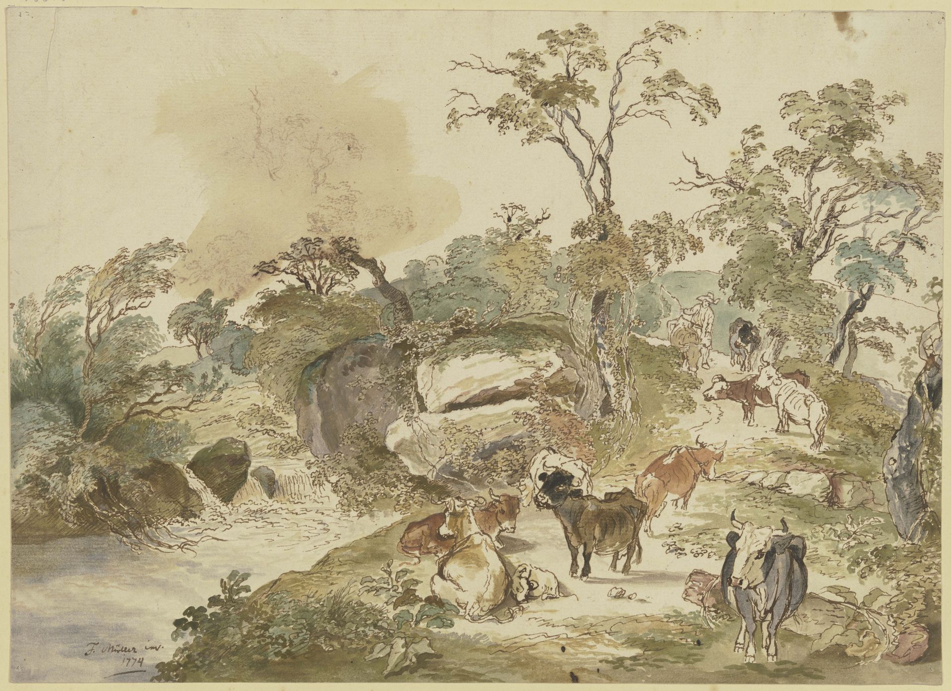 Rinderherde an einem Bach, im Hintergrund der Hirte by Friedrich Müller