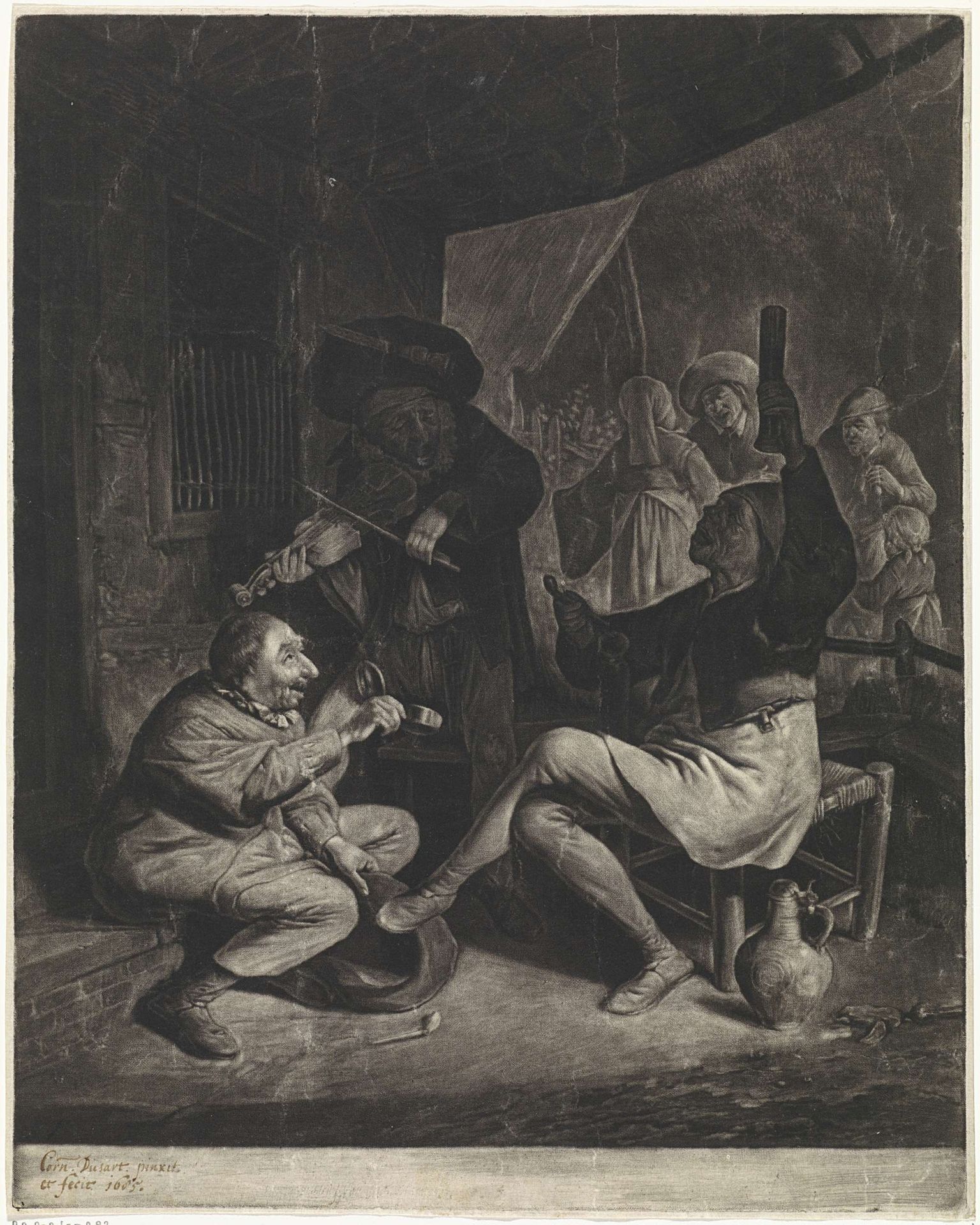 Musicerende mannen en een man die tabak aanbiedt by Cornelis Dusart