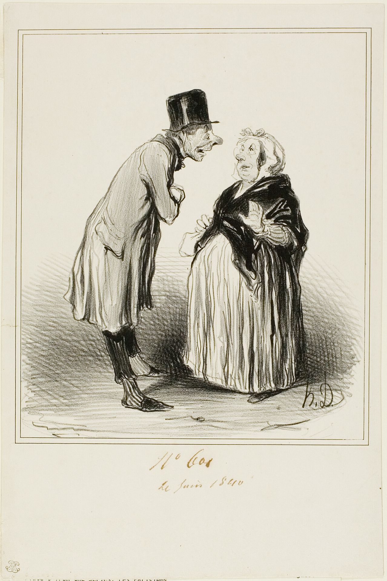 “- Well yes, it's true, the daughter of Mame Chopin got married yesterday with the son of Durand. I just talked to the young man and from what he told me (in full confidence), she must have had some strange ones before him…,” plate 6 from Les Parisiens by Honoré Daumier