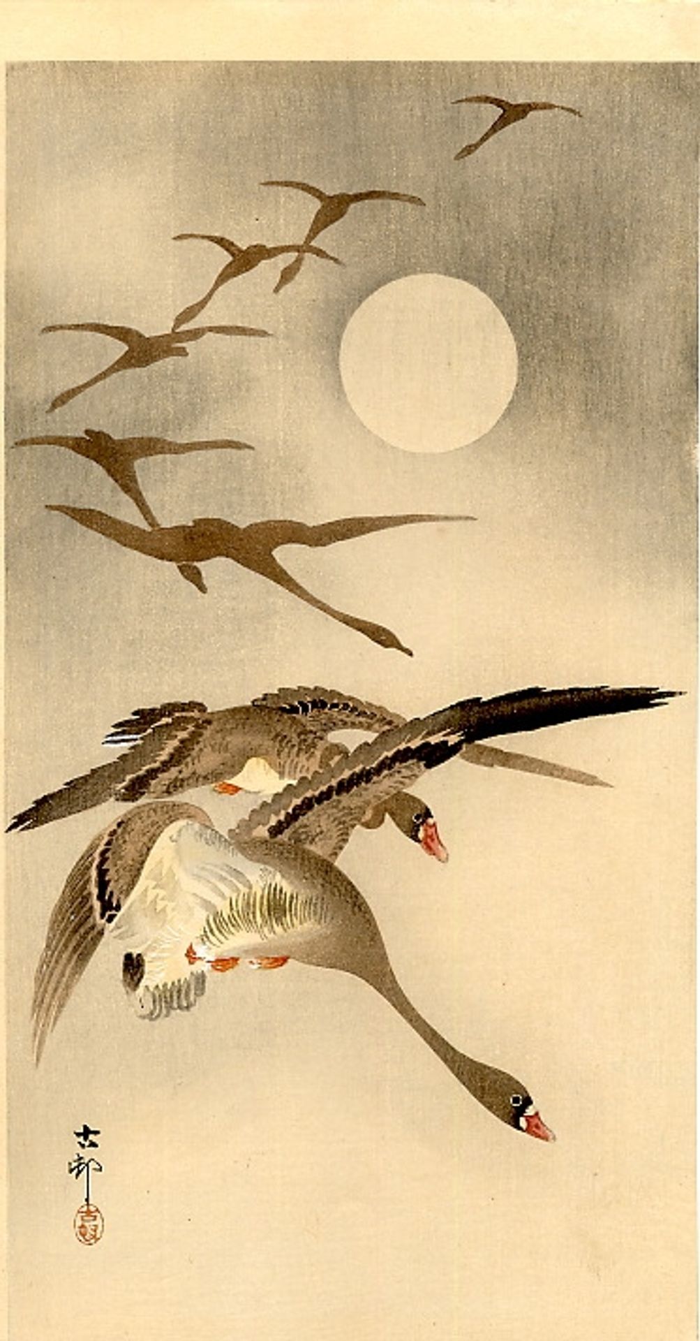 Eight White-fronted Geese in Flight; full Moon behind by Ohara Koson