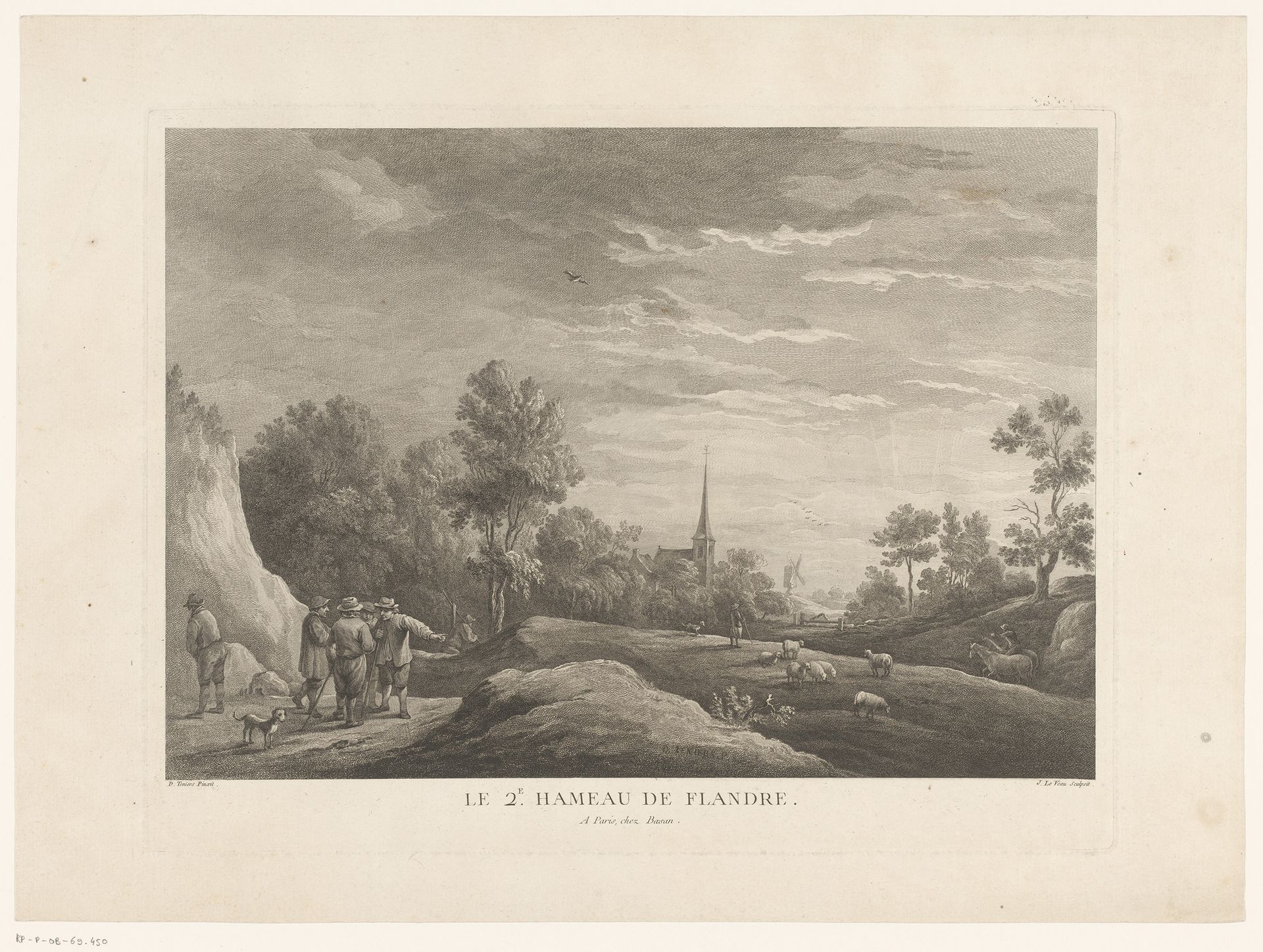Figuren in een landschap met in de verte een kerk en een molen by Jean Jacques Le Veau