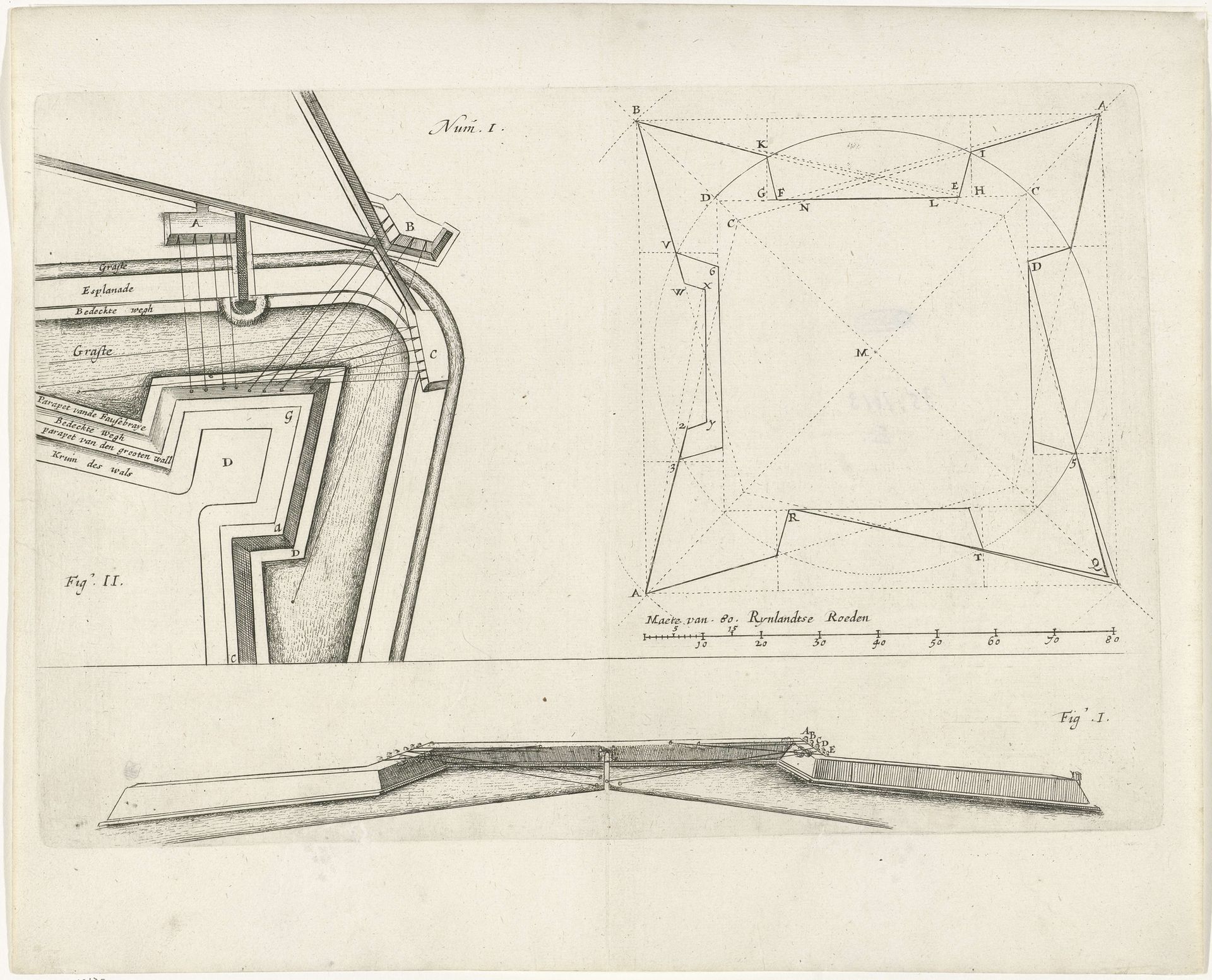 Schematisch overzicht van een deel van een vestingmuur by Hendrick baron van Ruse van Rysensteen