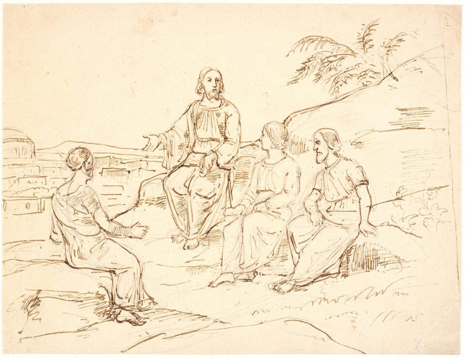 Bibelsk scene: Kristus siddende med tre apostle på et bjerg by Dankvart Dreyer