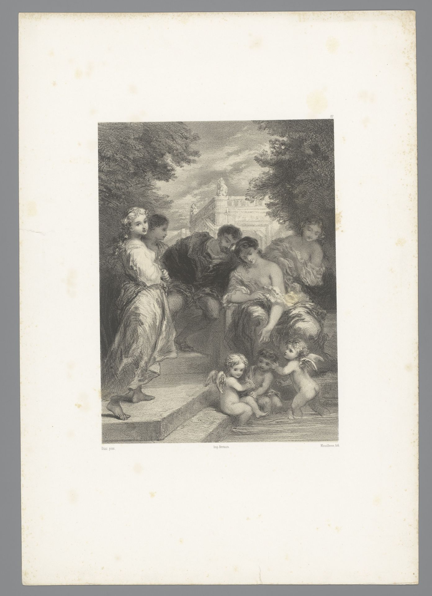 Vijf mensen zittend aan een vijver waarin drie engeltjes baden by Adolphe Mouilleron