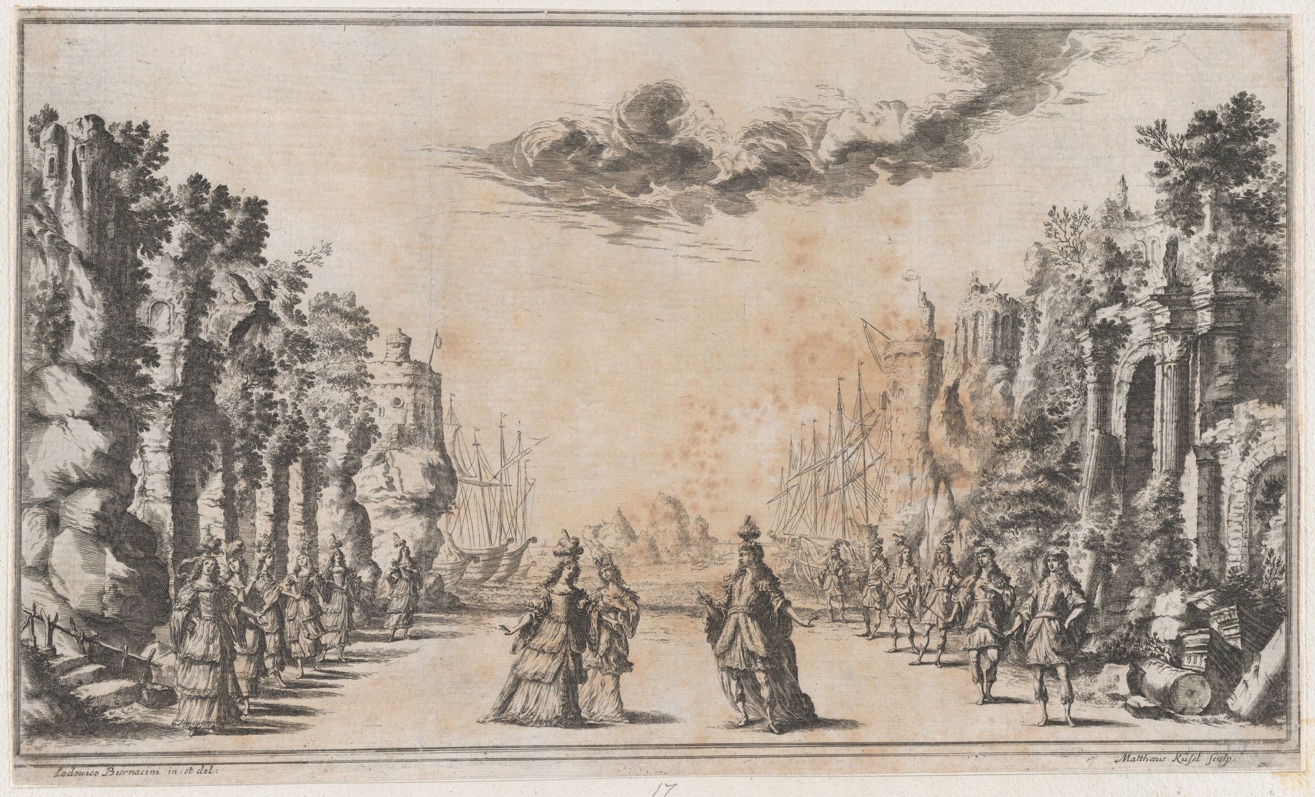 A man and two women conversing at center; young men standing to their right and young women to their left; ships in the distance; set design from 'Il Pomo D'Oro' by Mathäus Küsel