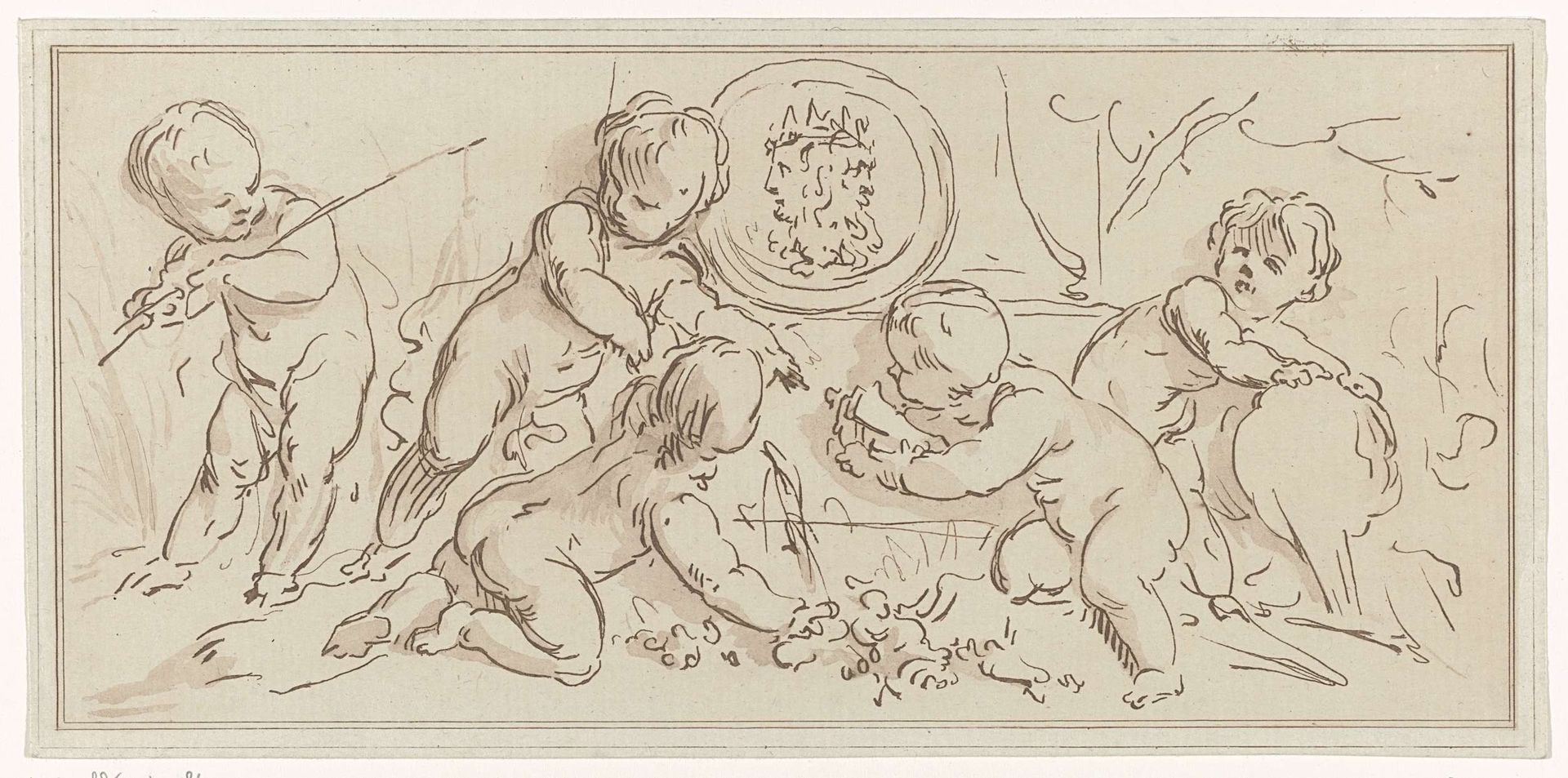Vijf putti bij een monument met Januskop by Anthonie van den Bos