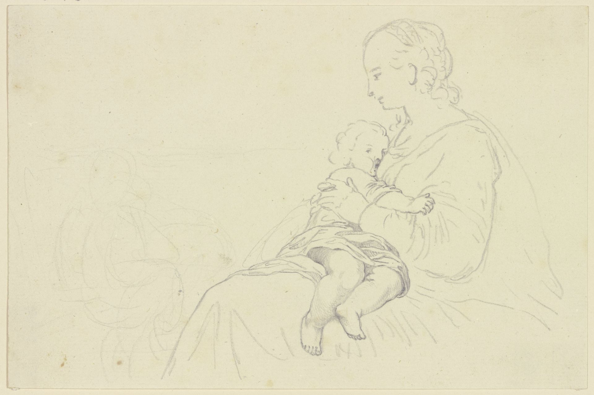Sitzende Frau, dem auf ihrem Schoß liegenden Kind die Brust gebend by Georg Melchior Kraus
