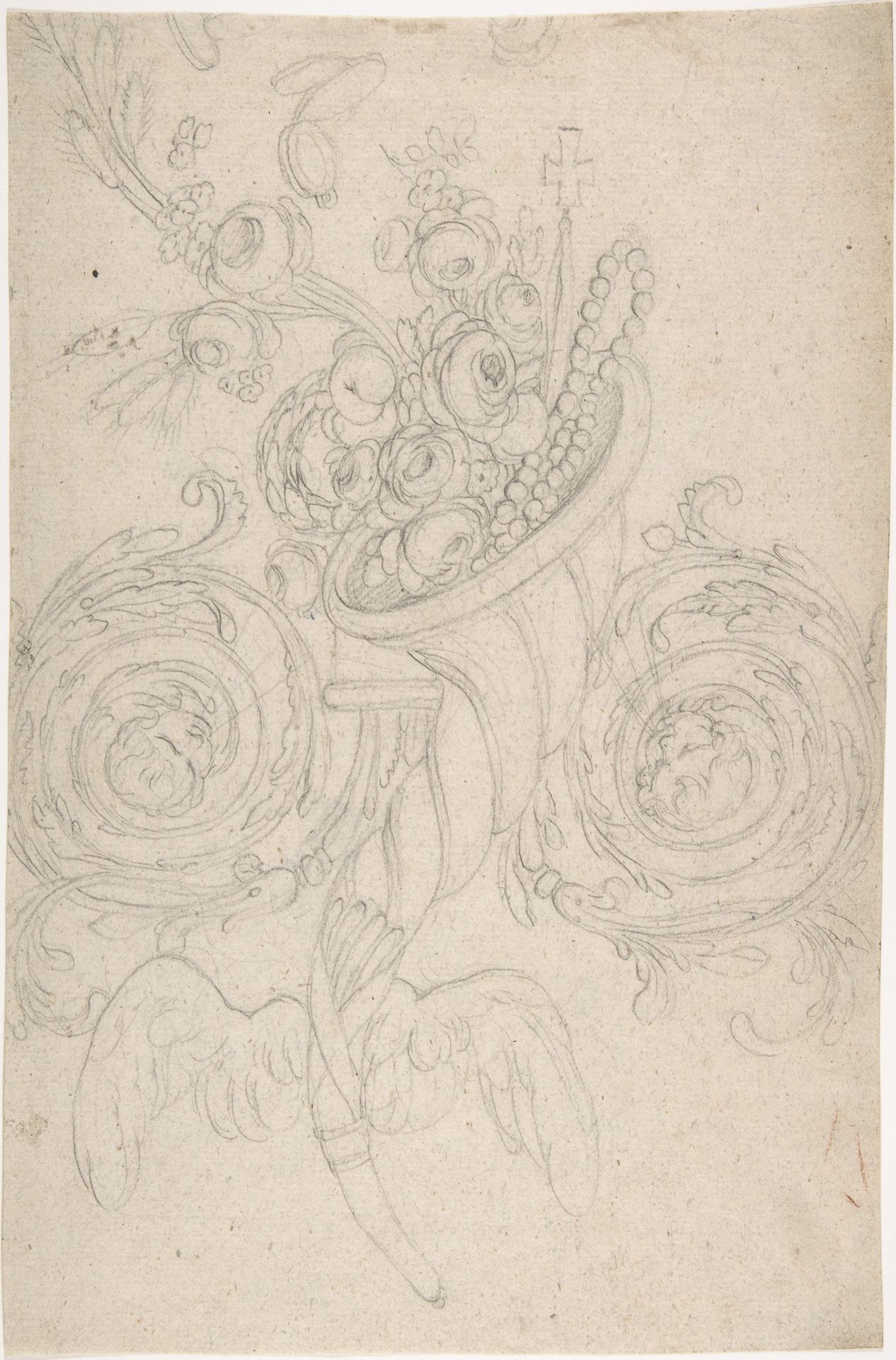 Cornucopia Held Aloft by Angels, Ornament with Cross and Rosary by Anonymous